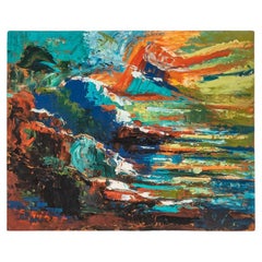 Abstract Coastline by Albert Pinot Oil Painting on Plate Ready to Hang