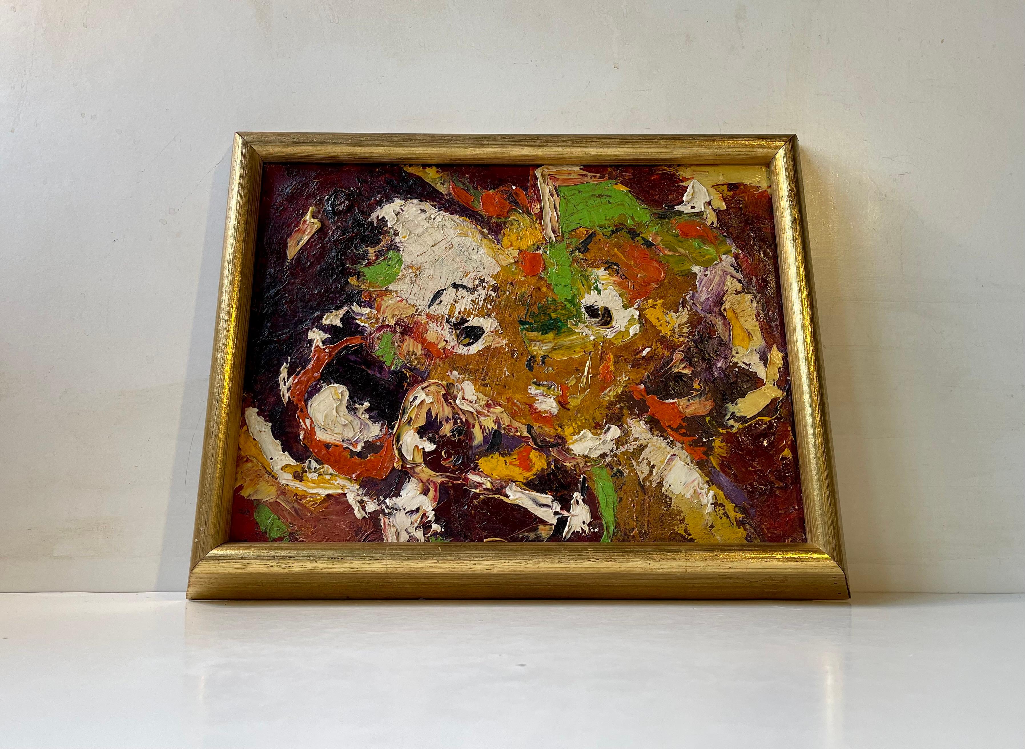 Small abstract oil composition executed with putty and hands/fingers on canvas. It bears its title to its back 'Heidi' and is dated 1977. Its a portrait of an unknown female called Heidi and executed by an un-identified danish artist in 1977. Its
