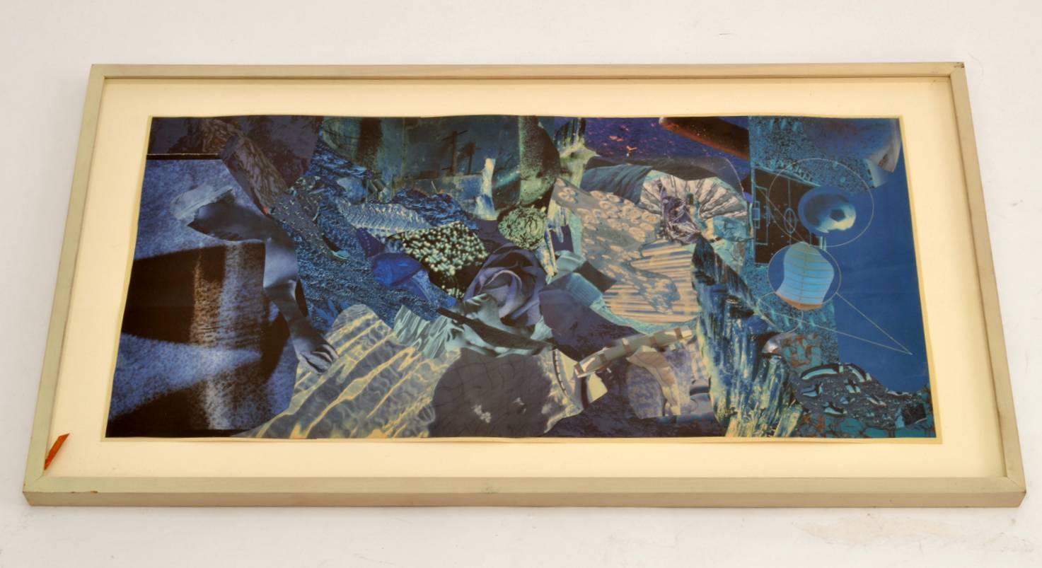 One of a series of eight very detailed abstract collage art works made like paintings in paper, each based on one color group in great composition and framed in a white washed wooden frame. They are made by Bill Allan, UK, early 1990s
They work