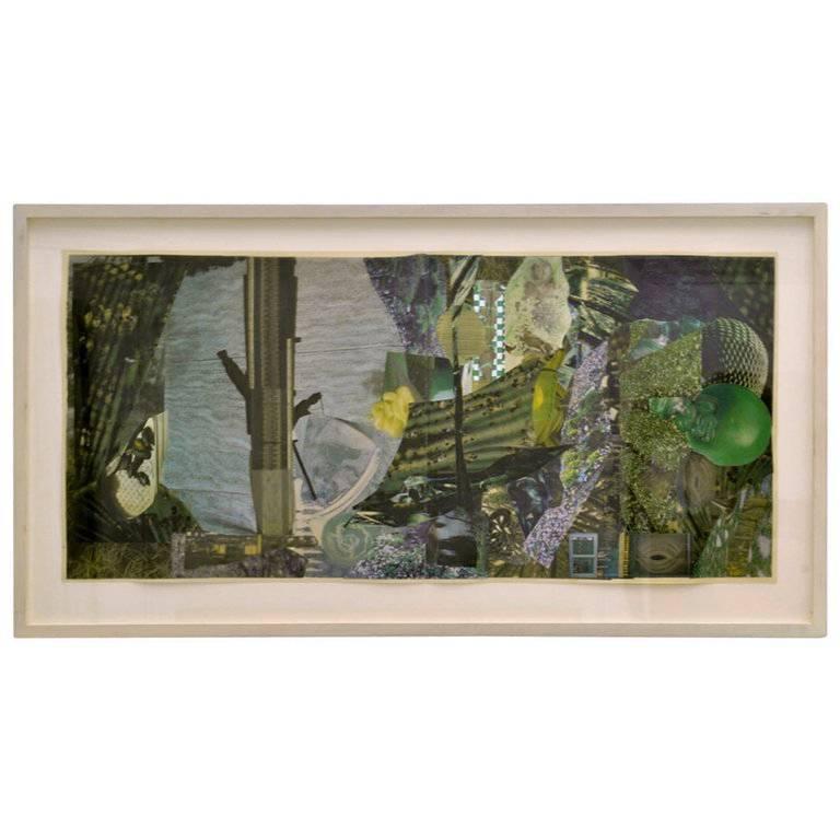 Abstract Collage Art in Tones of Green by Bill Allan, UK, 1993 For Sale