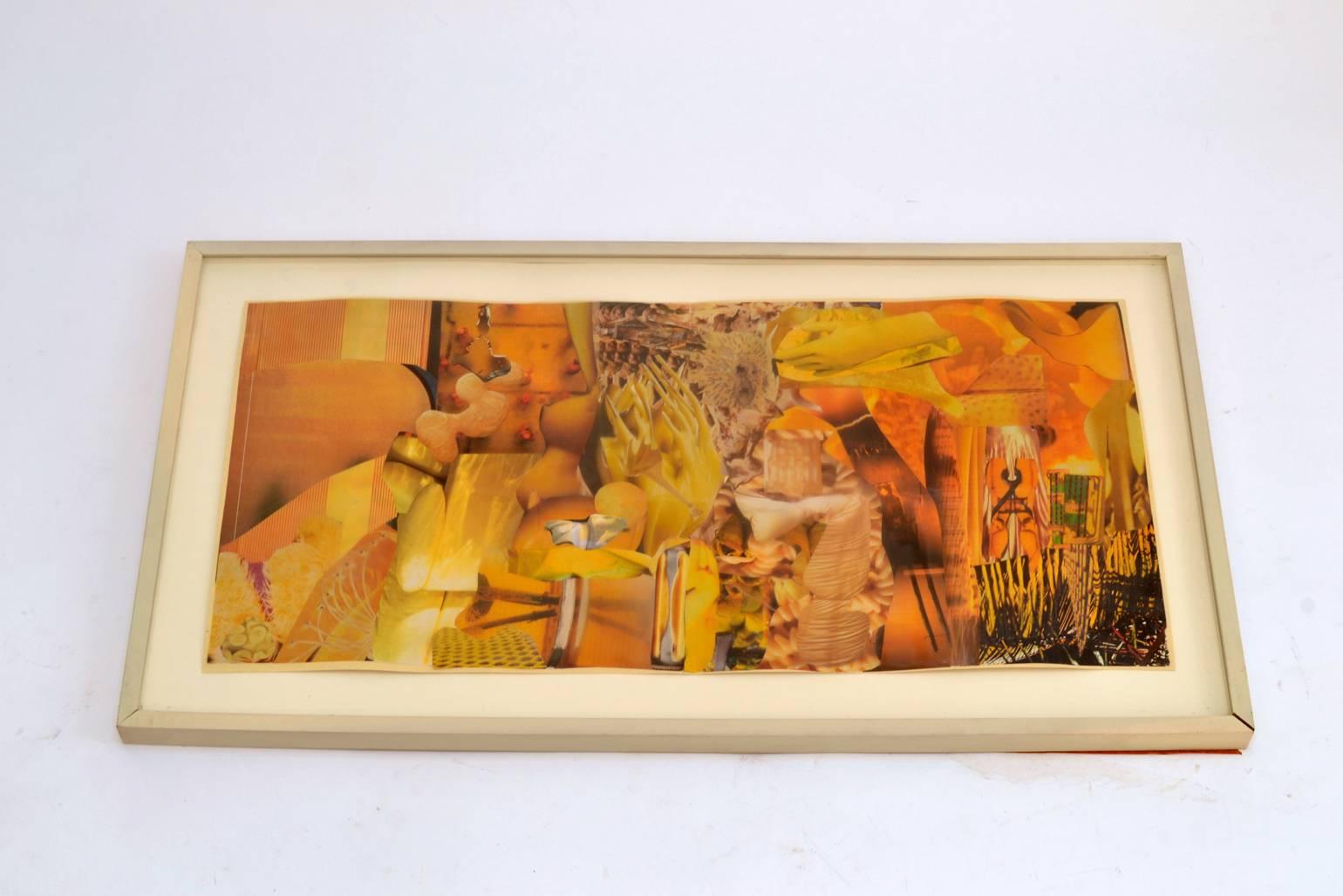 Una serie di otto opere d'arte contemporanea astratta molto dettagliate realizzate con la tecnica del collage, come un dipinto su carta, ognuna basata su un gruppo di colori in grande composizione e incorniciata in una cornice di legno lavato