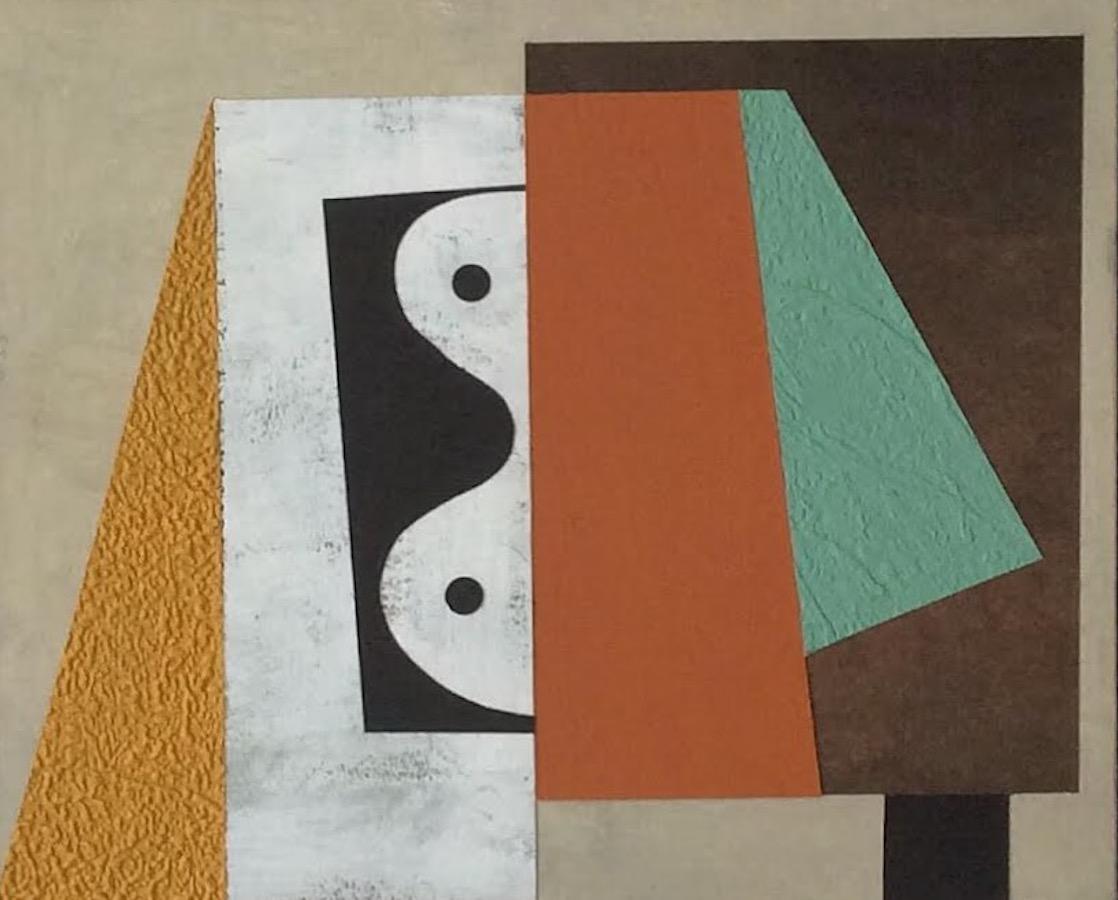 El artista británico contemporáneo John Taylor.
El título de la pieza es Nueva Agenda.
Pinturas abstractas en collage utilizando acrílico. 
Flotador montado sobre papel.
Marco vintage.
Firmado por el artista.
De una colección de cuatro piezas.