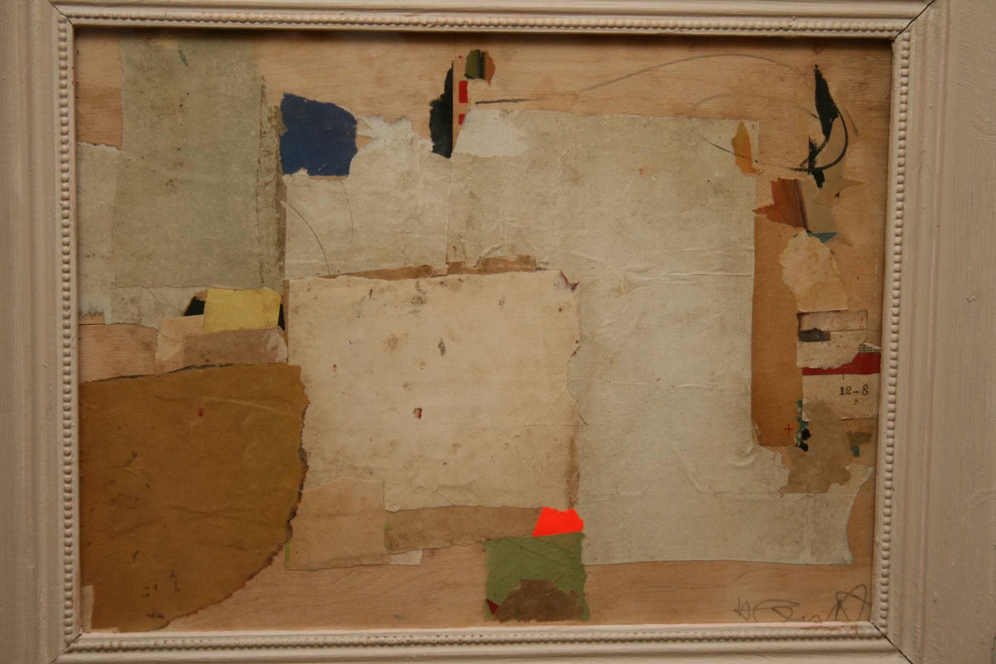 Small abstract collage from the fieldwork series by Huw Griffith

Set in an old painted frame, an abstract collage.

The antique papers laid down to exhibit subtle colours, shapes and formations.

The Fieldwork series of collages was inspired