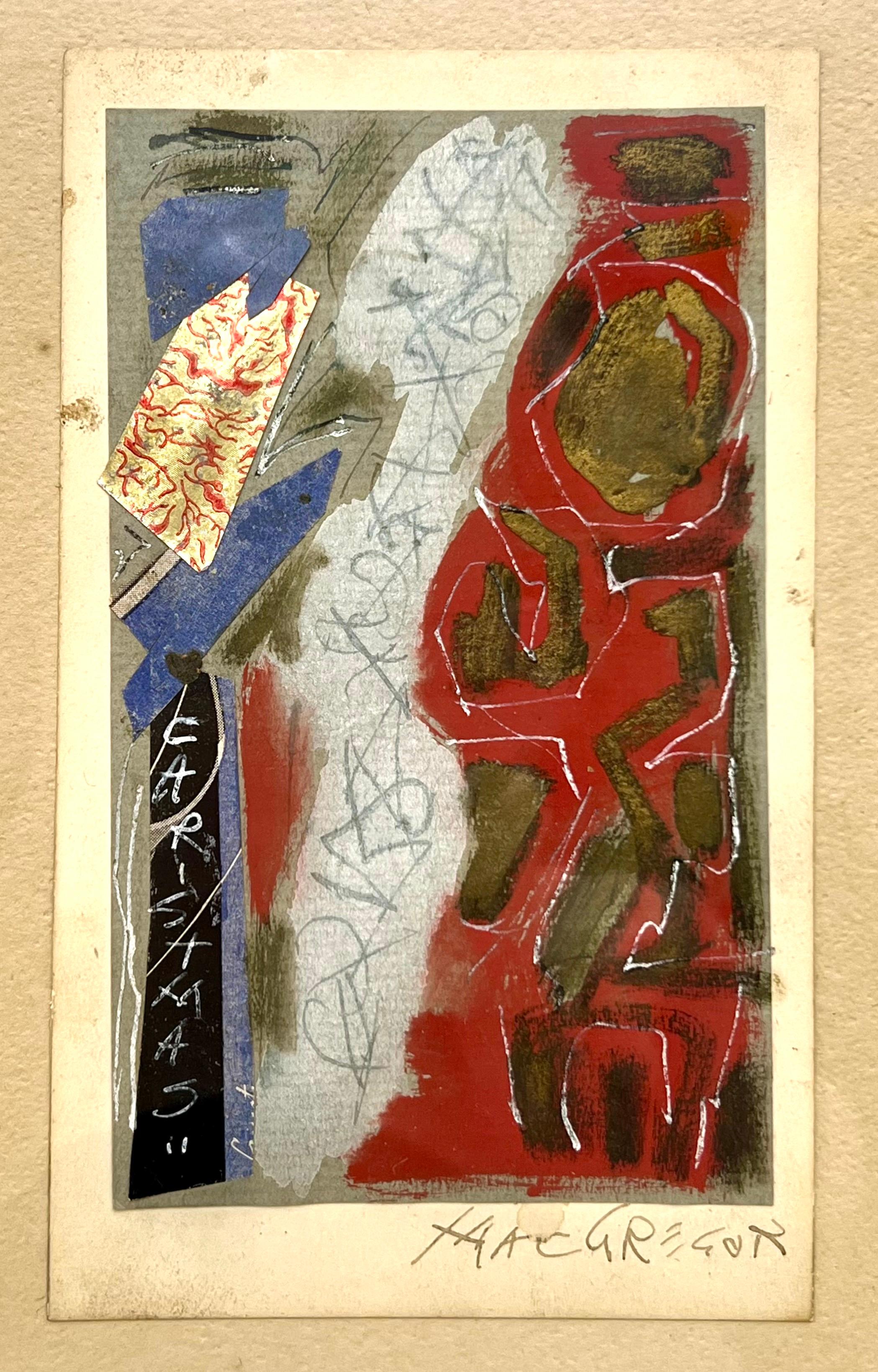 Fabelhaftes kleines Gemälde des Künstlers MacGregor mit Farbe, Tinte und Papiercollage. Plus ein Stück Folienpapier. Auf der linken Seite des Bildes steht mit Tinte 