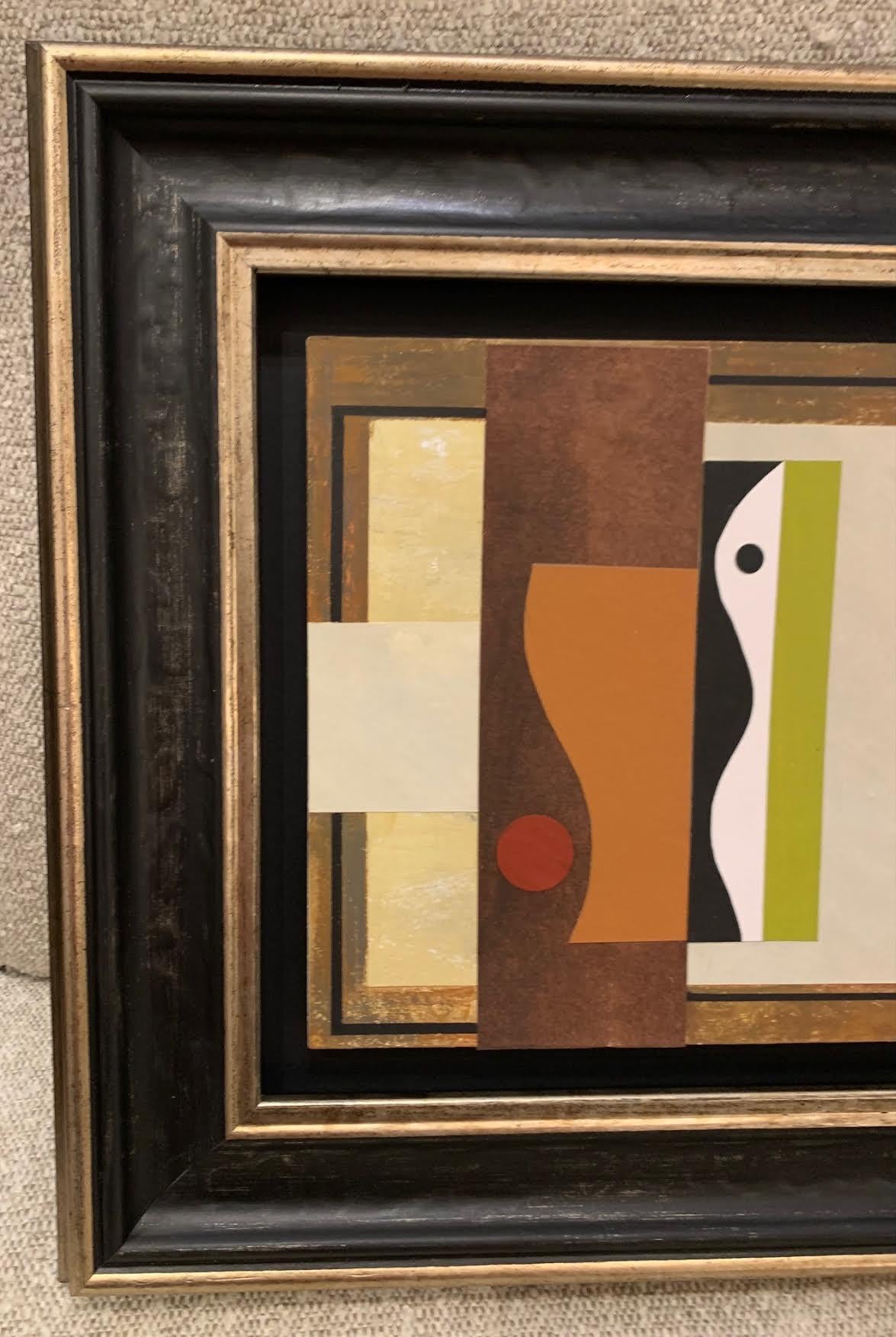 Abstract collage painting using acrylic and paper by 
contemporary British Artist John Taylor.
The painting is float mounted on board.
Framed in a vintage frame without glass.
Signed by the artist.
From a collection of four pieces.
John Taylor
