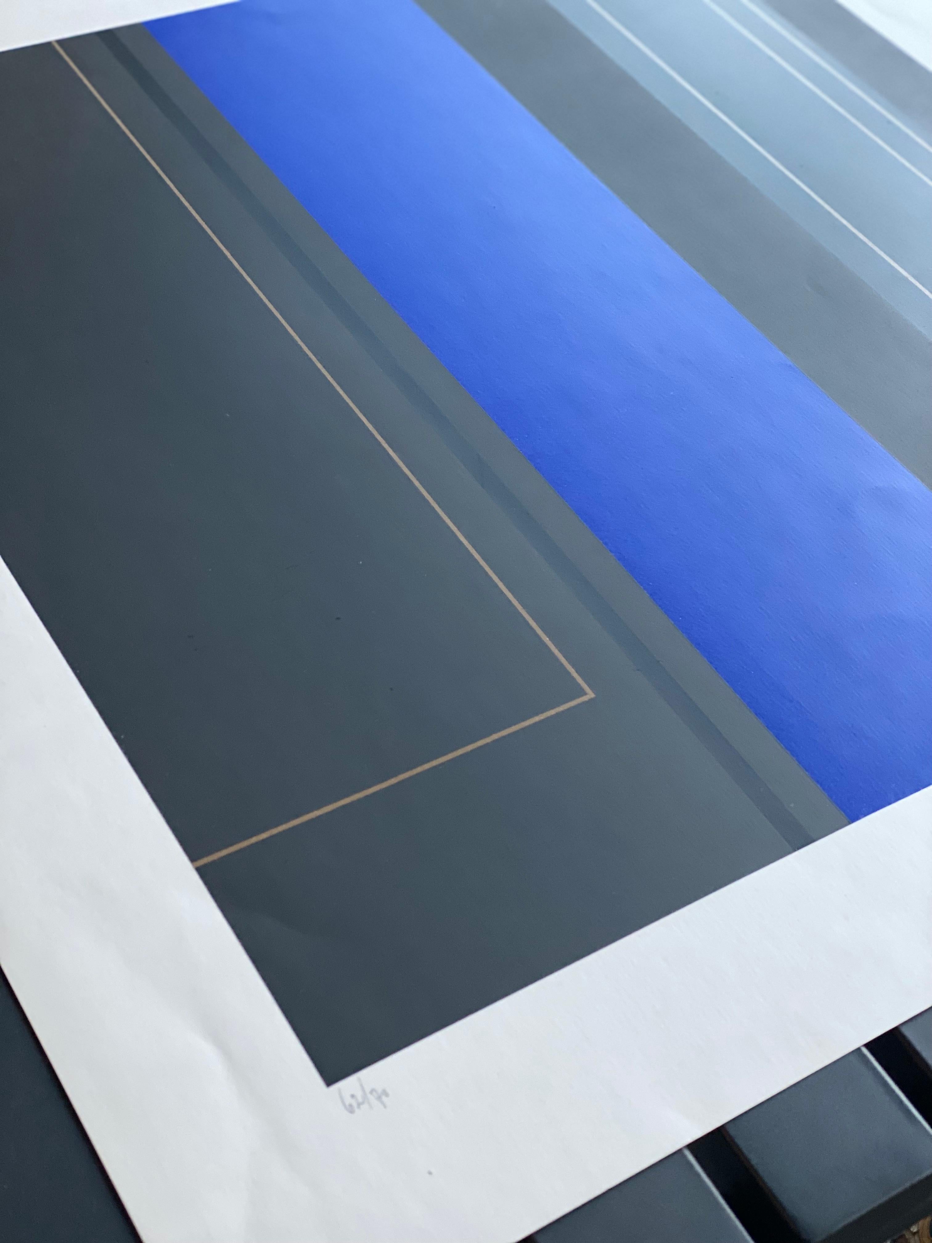 Abstrakter Farbsiebdruck von Luc Peire, geometrische Formen in Blau und Schwarz im Angebot 6