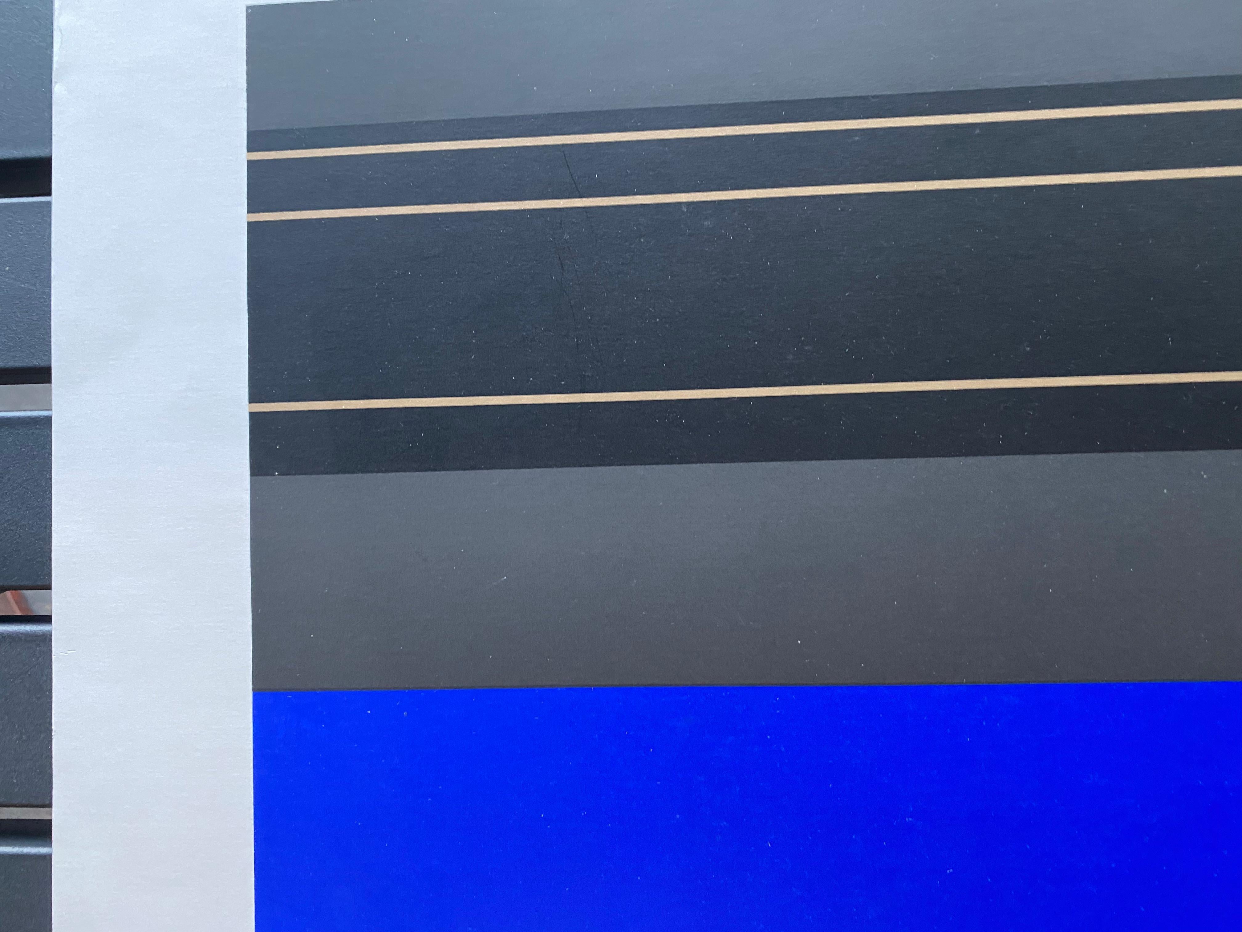 Abstrakter Farbsiebdruck von Luc Peire, geometrische Formen in Blau und Schwarz im Angebot 8