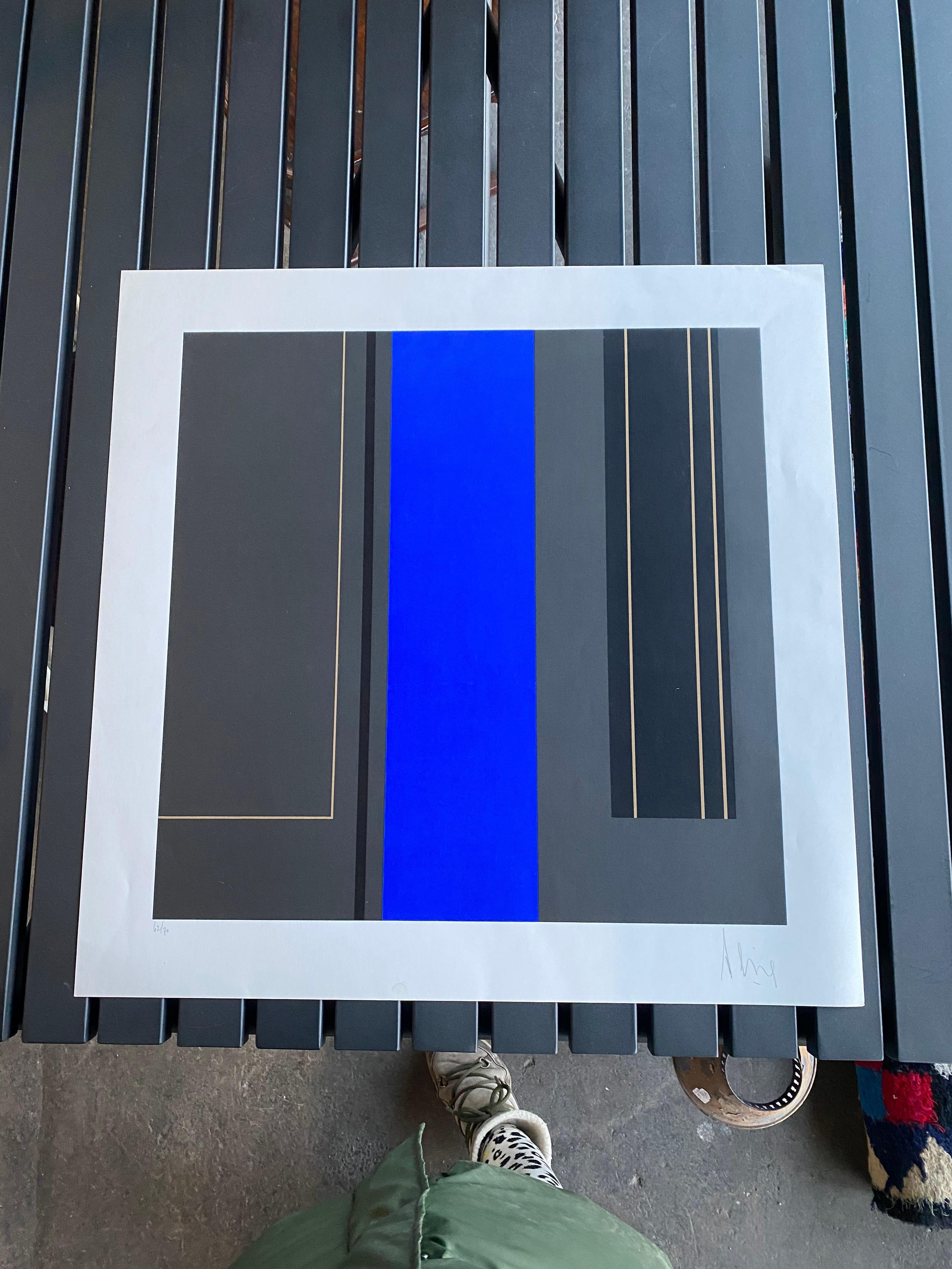 Abstrakter Farbsiebdruck von Luc Peire, geometrische Formen in Blau und Schwarz (Moderne) im Angebot