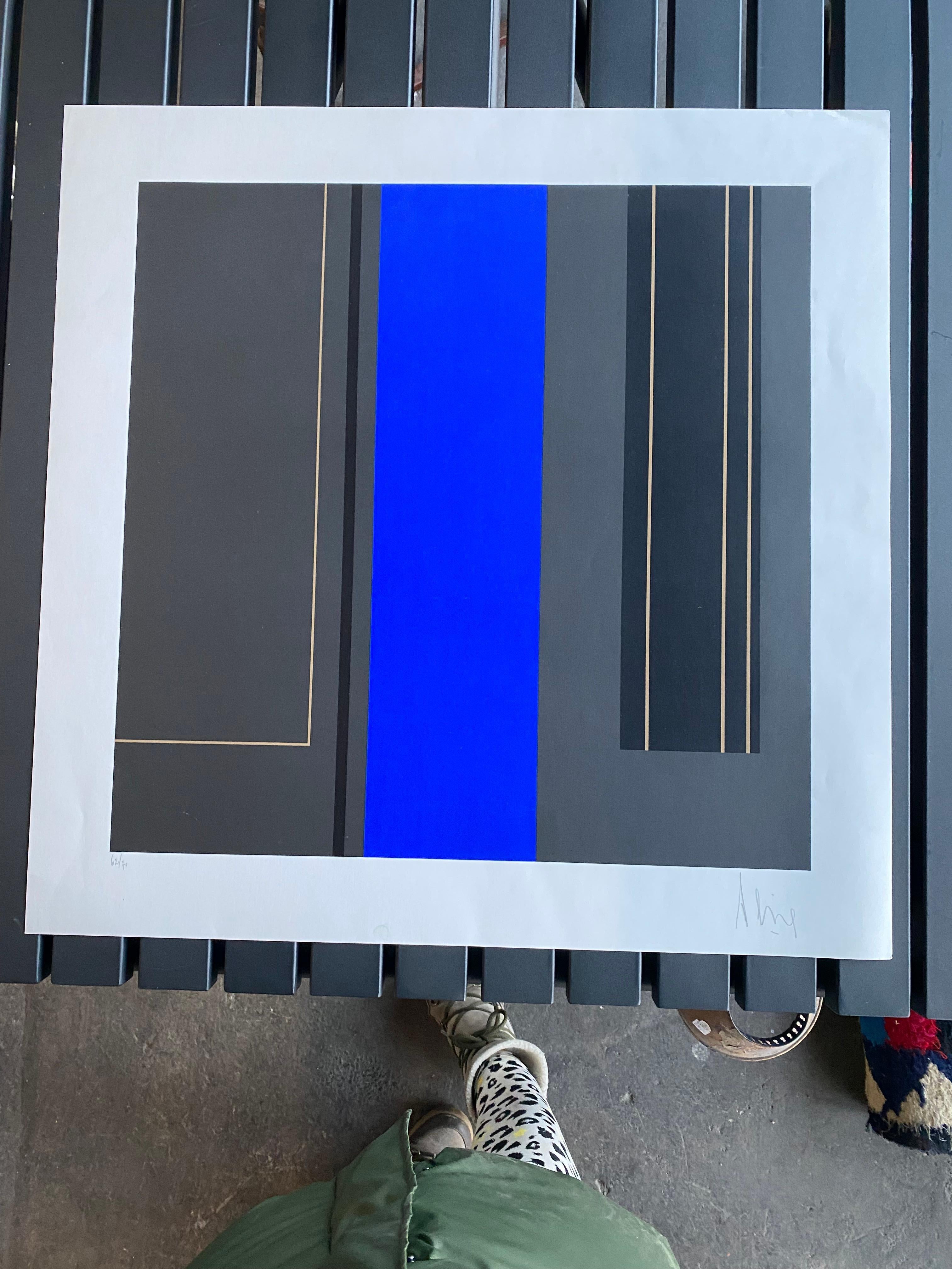 Abstrakter Farbsiebdruck von Luc Peire, geometrische Formen in Blau und Schwarz (Belgisch) im Angebot