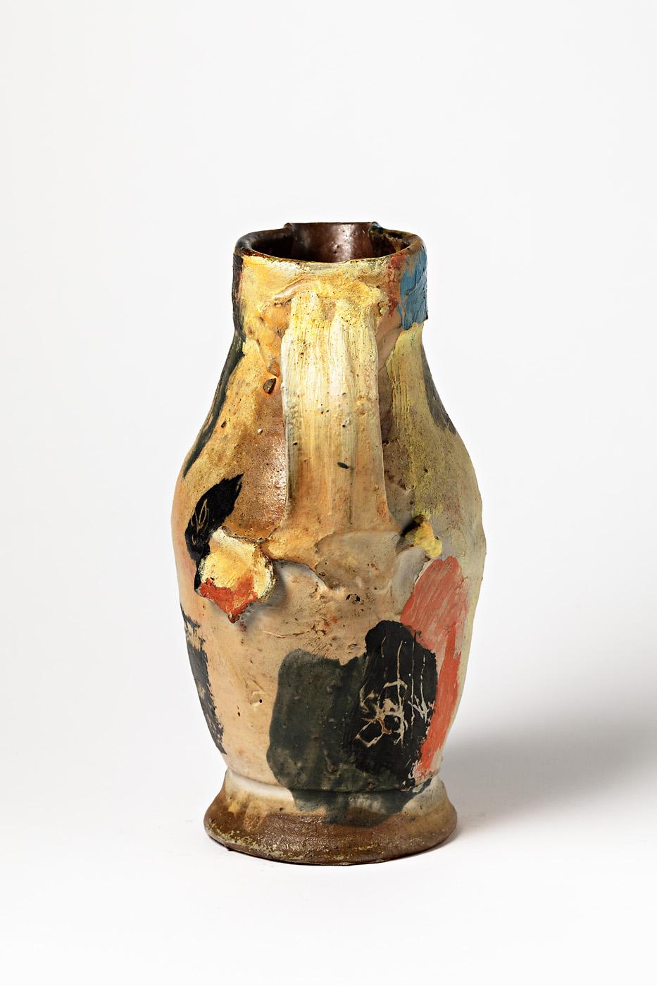 Beaux Arts Abstract Colored Stoneware Ceramic Pitcher or Vase by Claude Varlan French, 1980