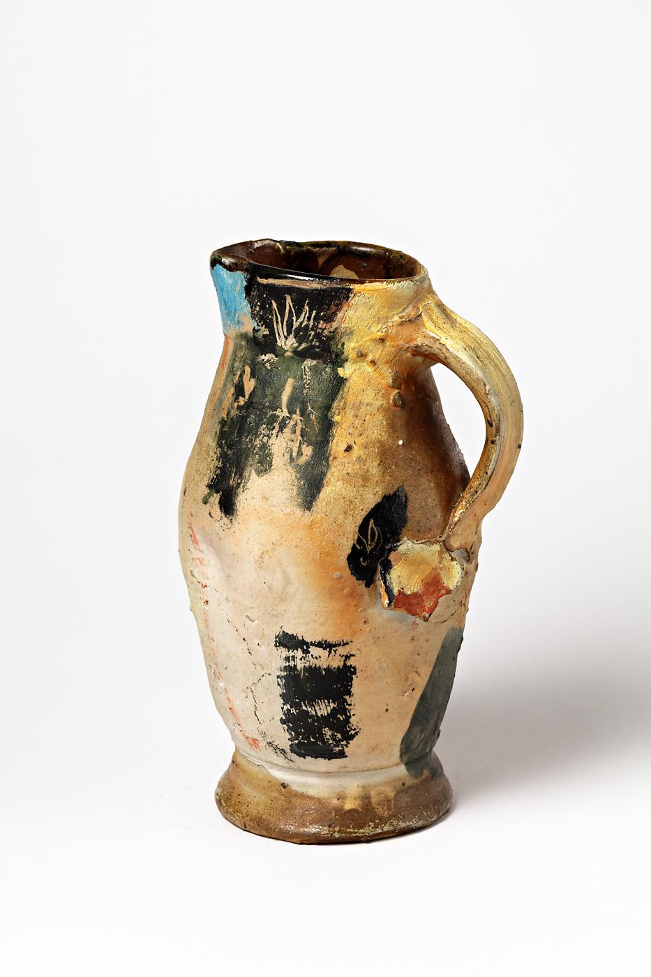Abstract Colored Stoneware Ceramic Pitcher or Vase by Claude Varlan French, 1980 In Excellent Condition In Neuilly-en- sancerre, FR