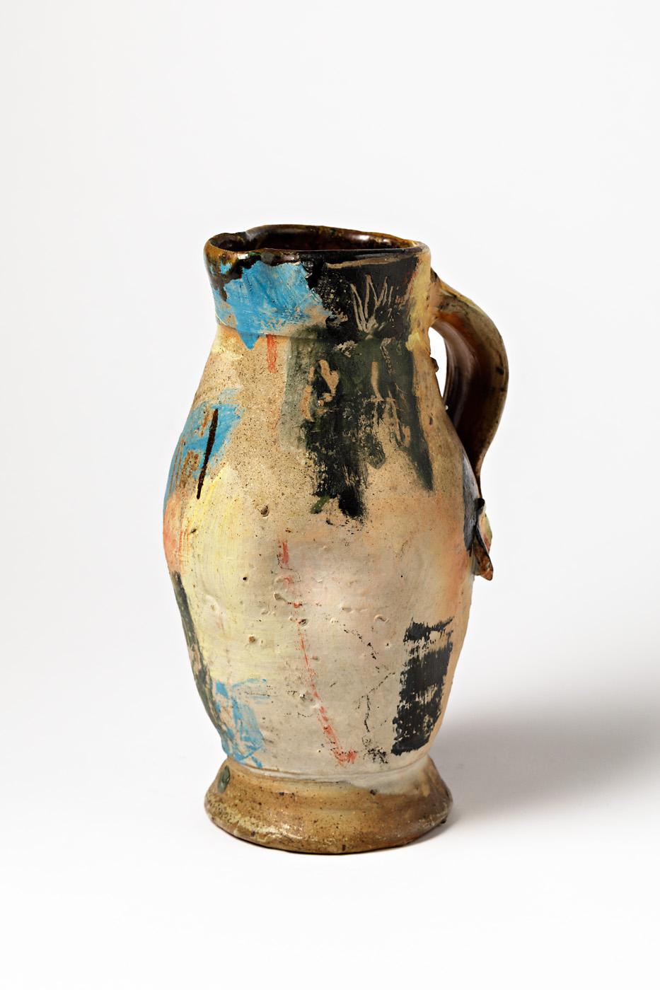 Late 20th Century Abstract Colored Stoneware Ceramic Pitcher or Vase by Claude Varlan French, 1980