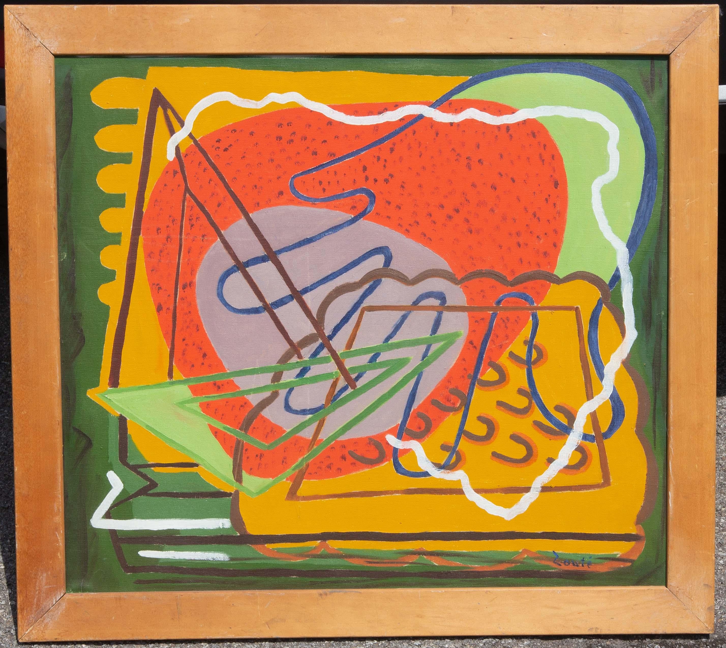 Abstract Modernist oil painting by Zoute. Oil on canvas mounted on board.  Painted in circa 1940's. 
Zoute (Born-Leon Salter, 1903-1976) was self-taught and well exhibited during his lifetime. He painted from 1940-1954 (he stopped painting at this