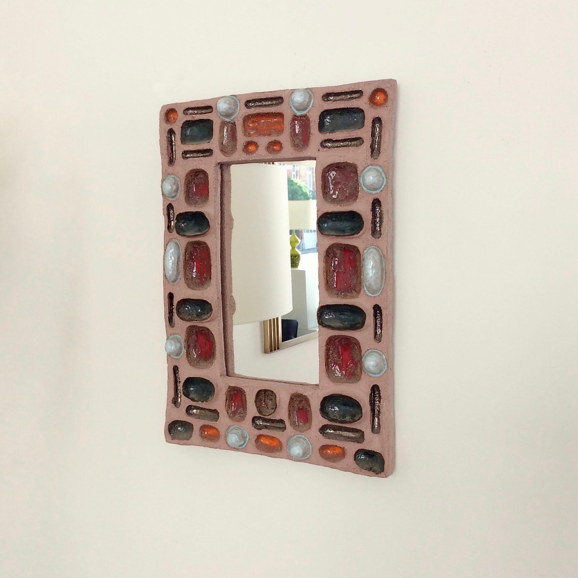 Émaillé Miroir en céramique avec composition abstraite colorée circa 1960, France en vente