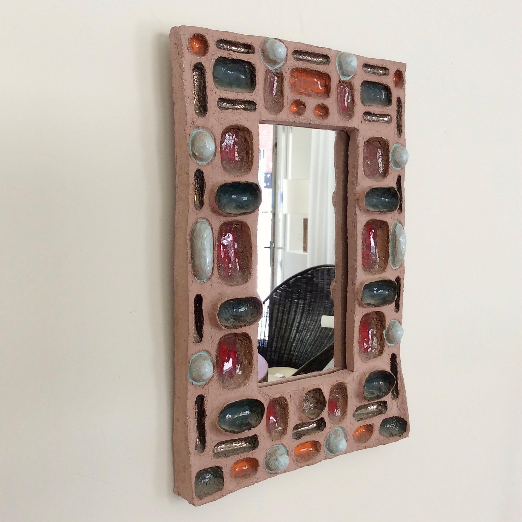 Enameled Ceramic Mirror With Colored Abstract Composition circa 1960, France For Sale