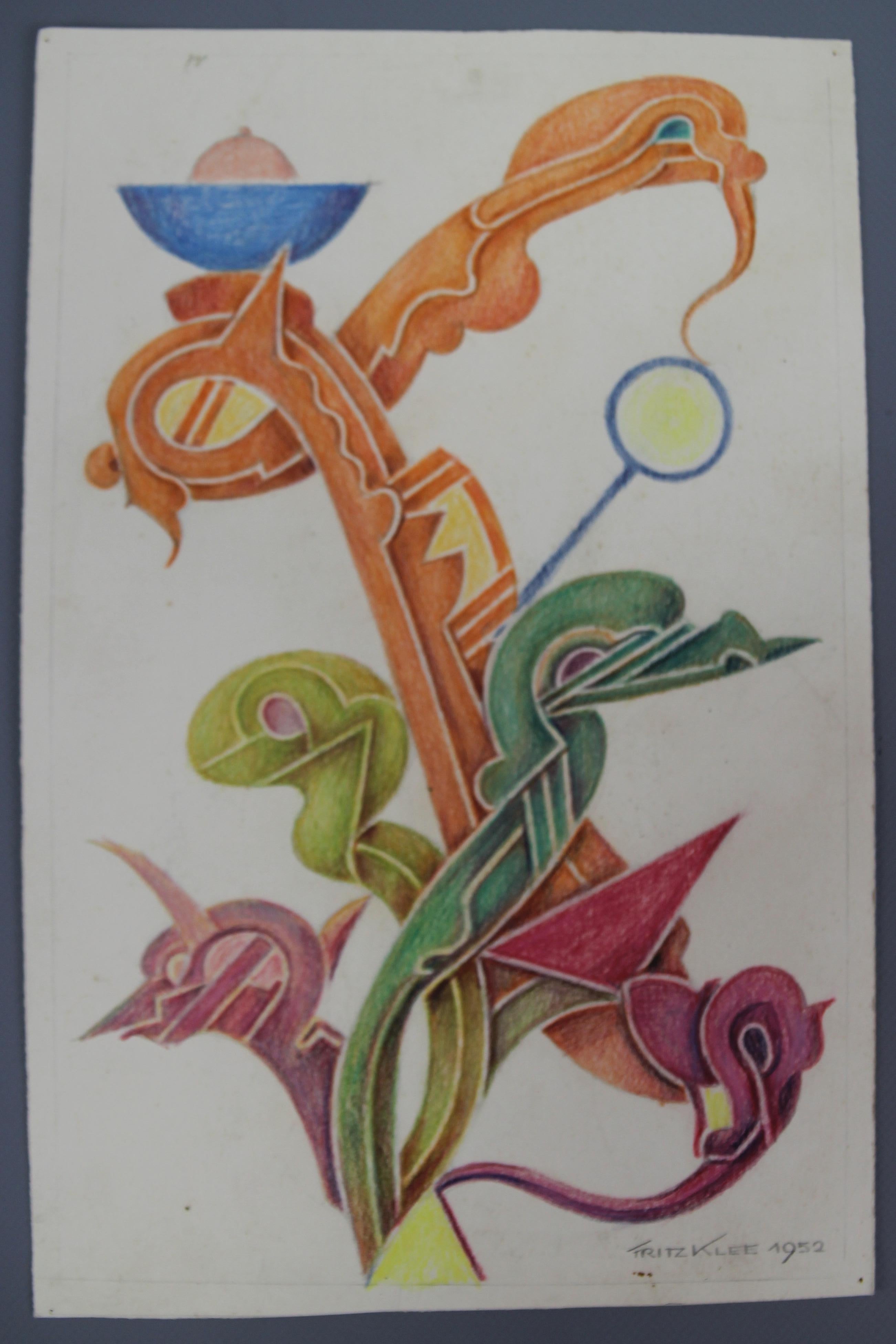 Eine prächtige abstrakte organische Handzeichnung, ein Entwurf für eine ornamentale Komposition in kräftigen, leuchtenden Farben von Fritz Klee. Buntstifte auf Papier, signiert und datiert 