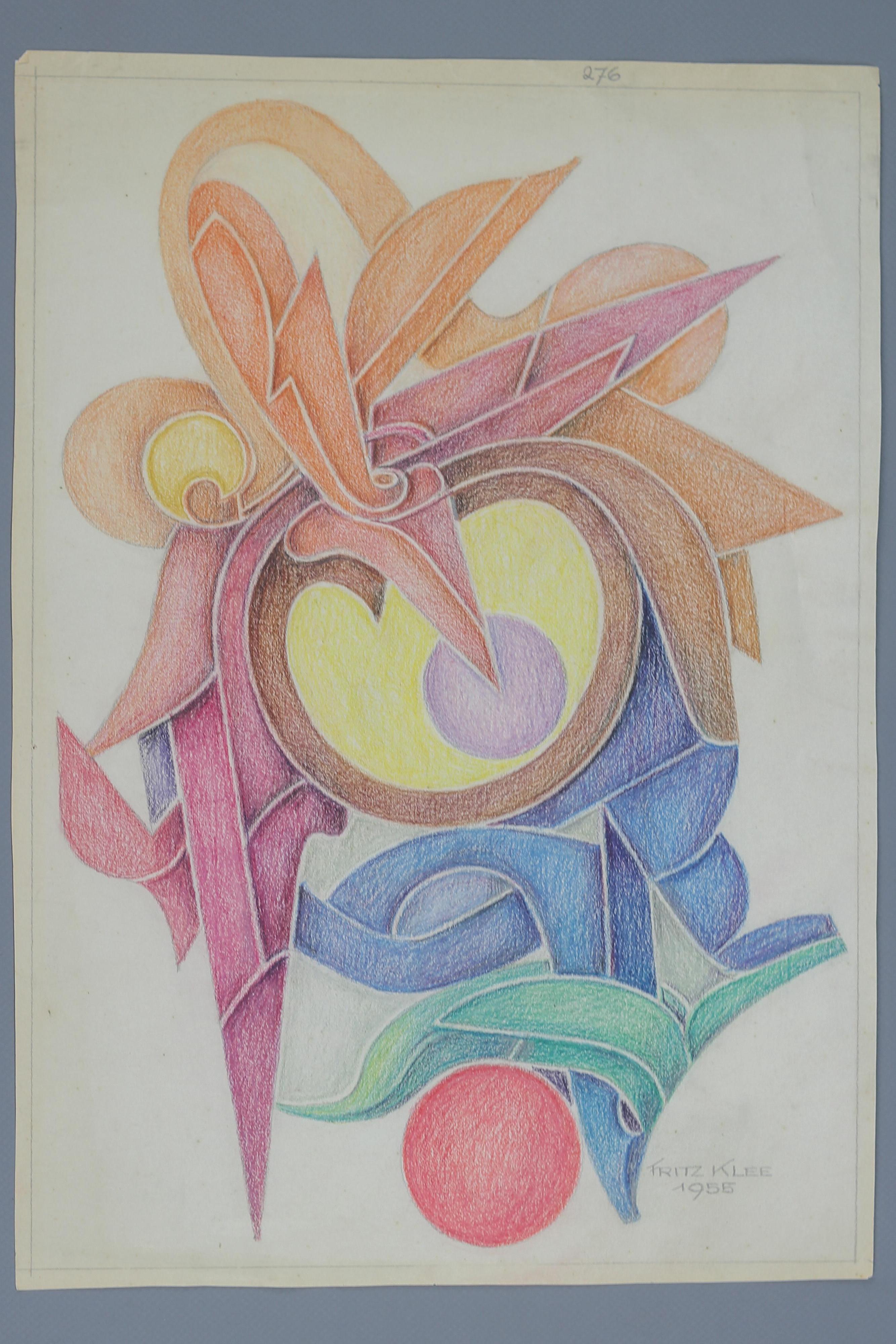 A magnificent abstract organic hand-drawing, a draft of an ornamental composition in strong, bright colors by Fritz Klee. Colored pencils on paper, signed and dated 'Fritz Klee 1955', numbered on top.
Sheet size: 38 cm x 27 cm / 14.96 in x 10.63