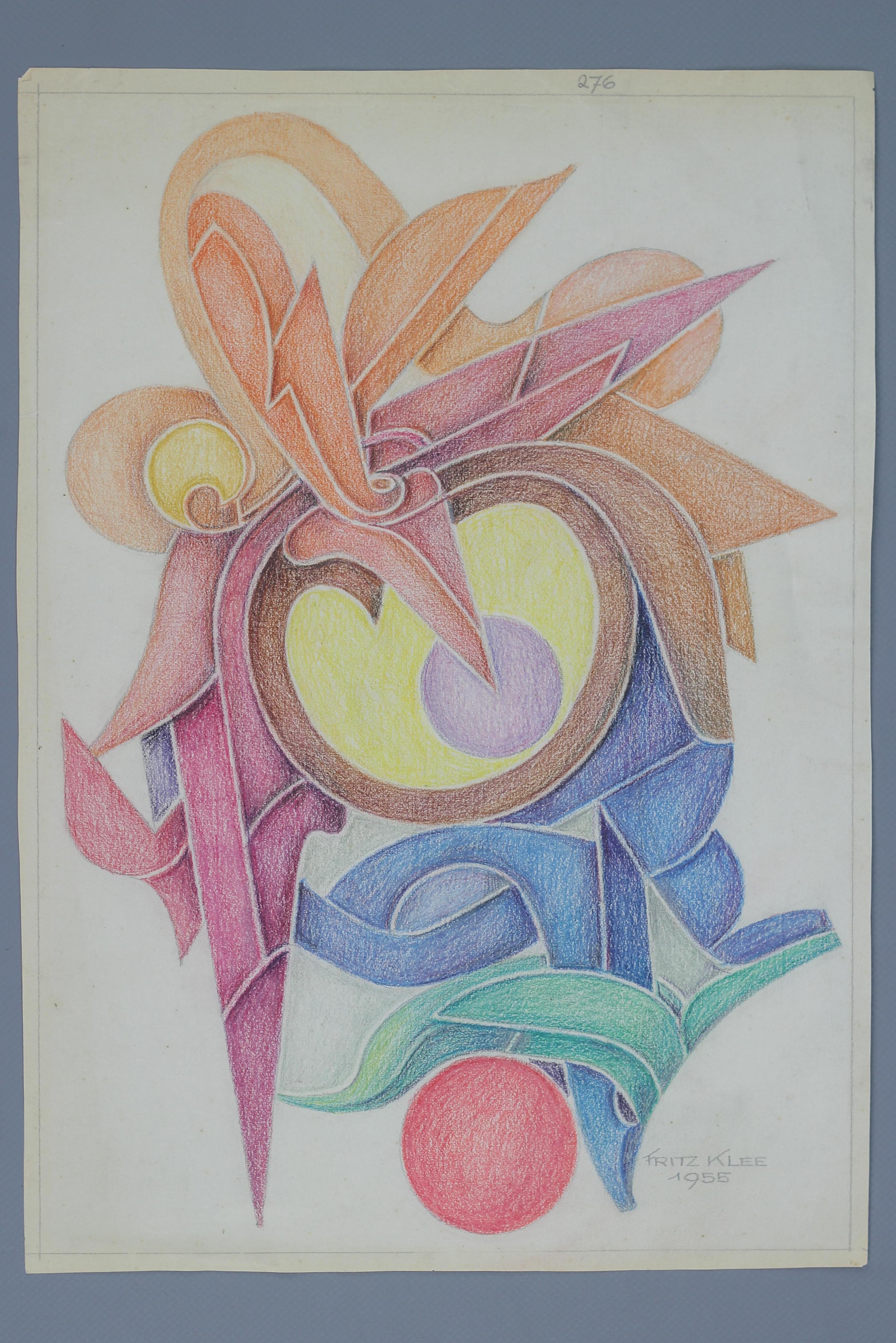 Mid-Century Modern Abstract Composition Drawing by Fritz Klee, 1955 For Sale