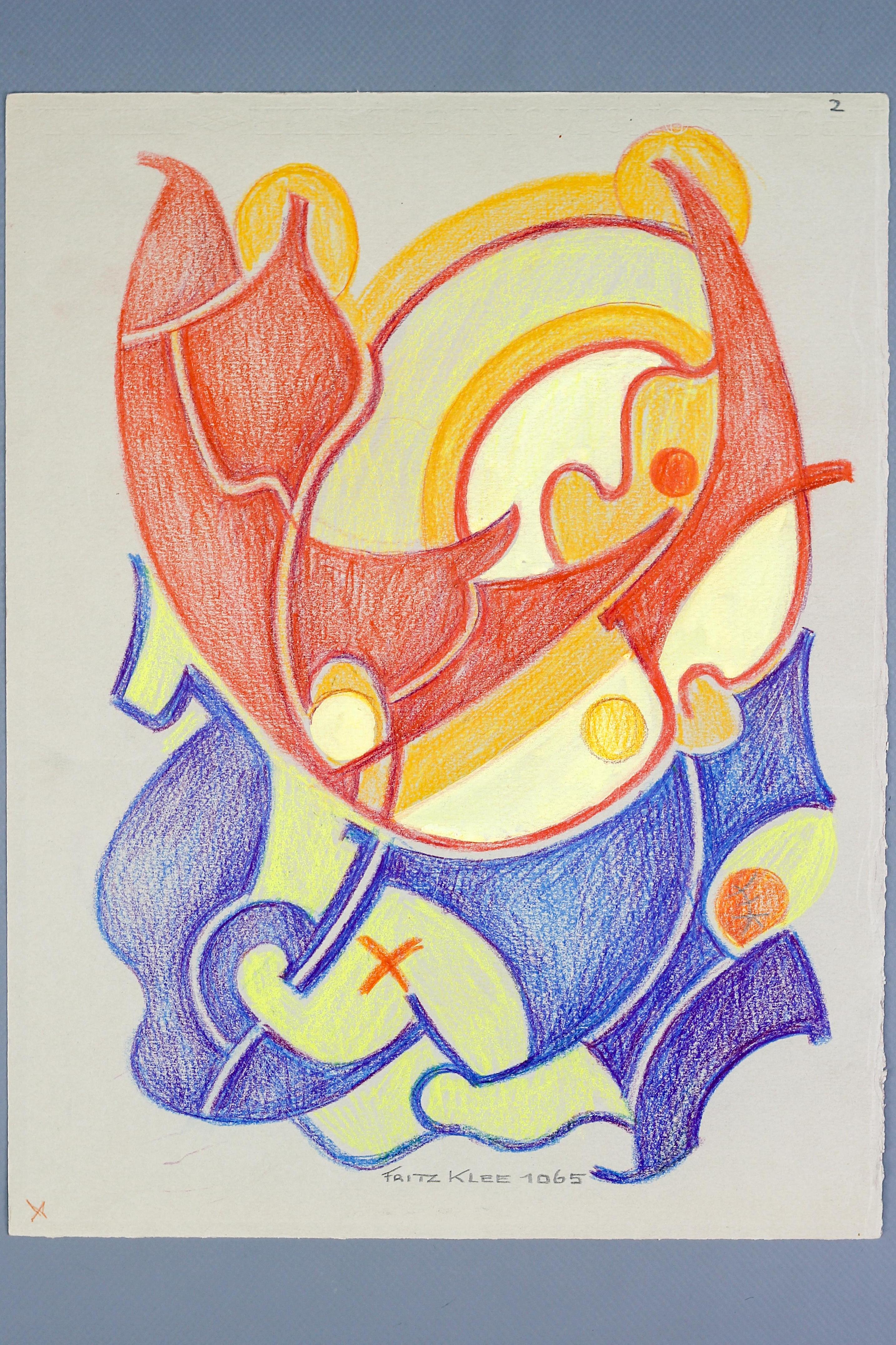 Eine prächtige abstrakte organische Handzeichnung, ein Entwurf für eine ornamentale Komposition in kräftigen, leuchtenden Farben von Fritz Klee. Farbige Pastelle auf Papier, signiert und datiert 