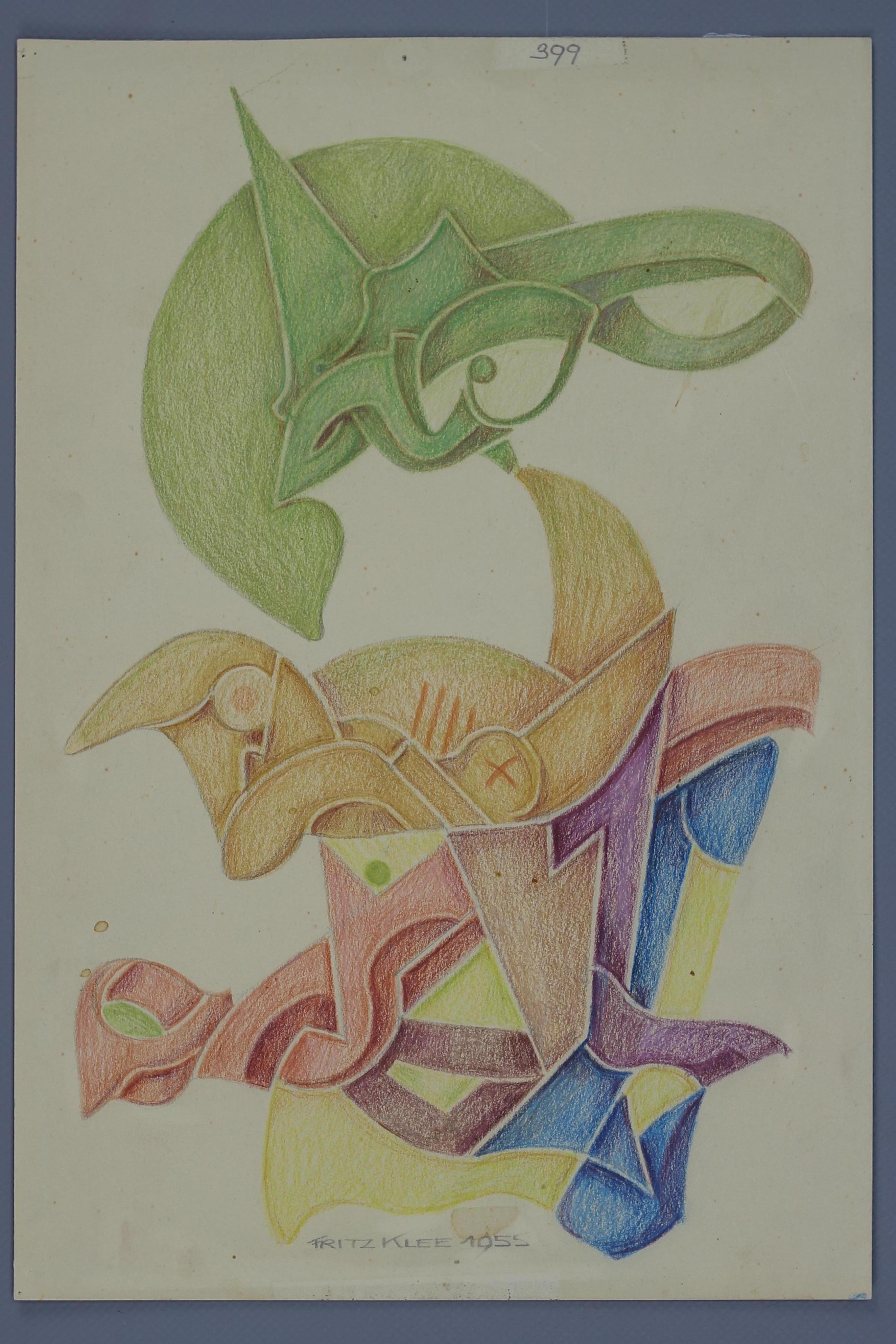 Eine prächtige abstrakte organische Handzeichnung, ein Entwurf für eine ornamentale Komposition in kräftigen, leuchtenden Farben von Fritz Klee. Buntstifte auf Papier, signiert und datiert 