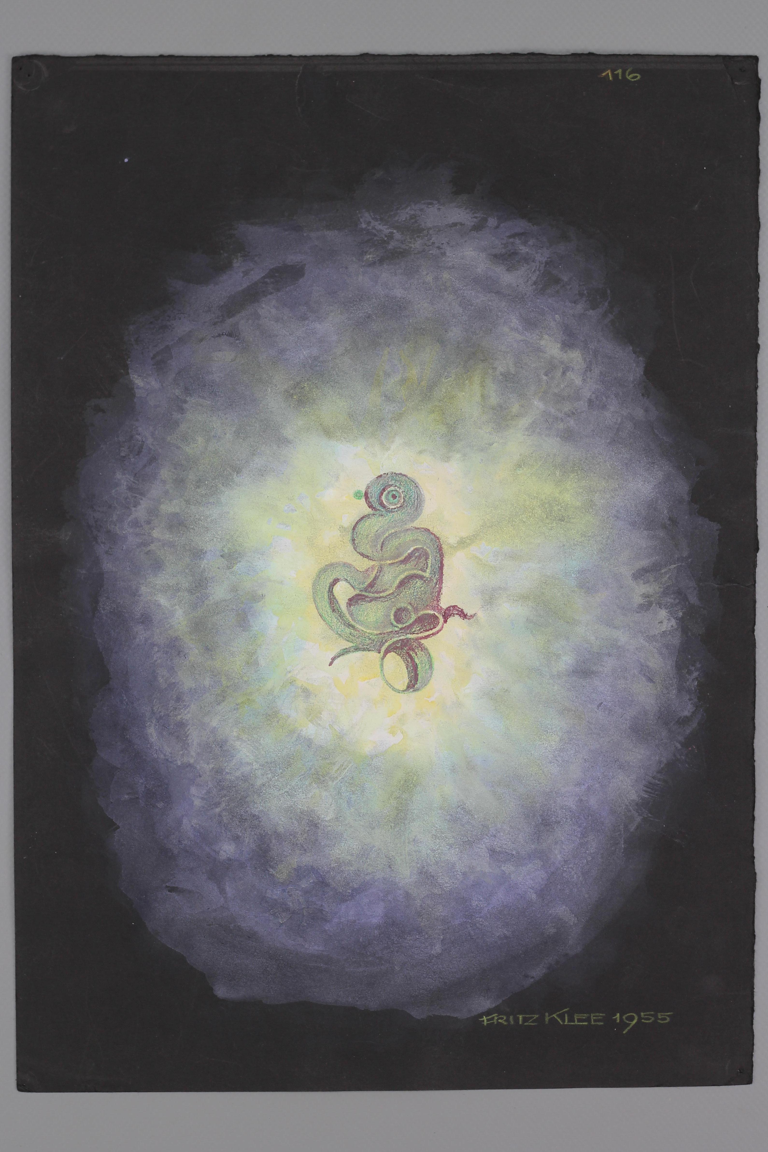 Un magnifique dessin abstrait organique à la main, une ébauche de composition ornementale aux couleurs fortes et vives sur papier noir par Fritz Klee. Crayons de couleur sur papier, signé et daté 'Fritz Klee 1955', numéroté en haut.
Taille de la