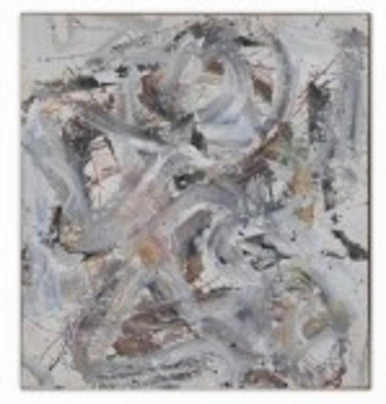 Zeitgenössisches abstraktes Gemälde in einem eigenen Galerierahmen, bestehend aus Spritzern und breit aufgetragenen Pinselstrichen in Rot, Grün, Gelb, Schwarz, Grau und Weiß in Acrylfarbe auf Leinwand. (TITEL: Zihua Dreizehnter, 2019)(verso
