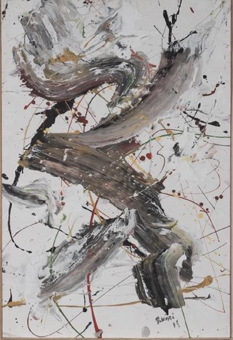 Abstrakte Komposition aus Broad Colorful Brushstrokes & Paint Splatter of Acryl (Moderne) im Angebot