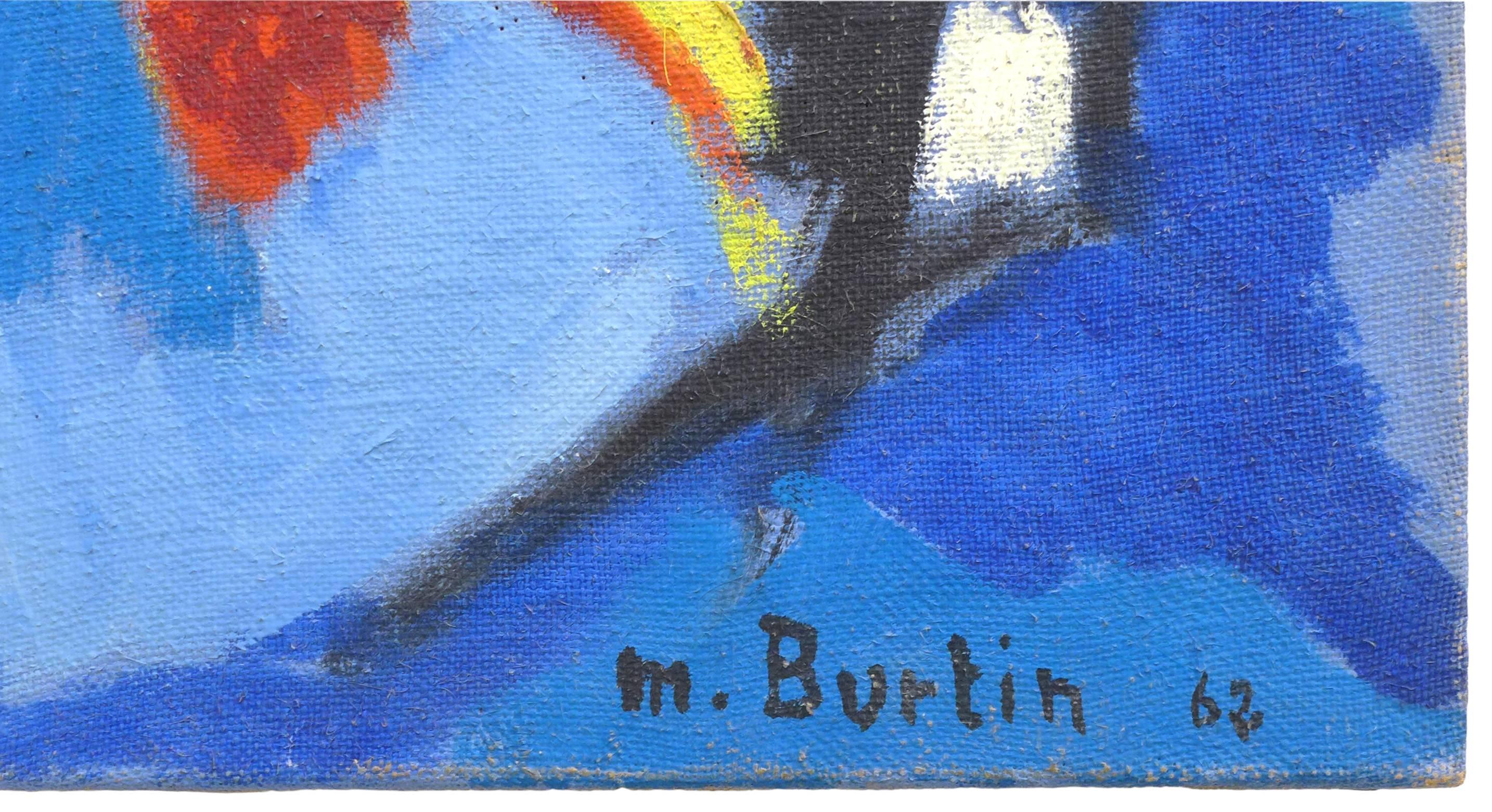 An exceptional, abstract-composition painting by École de Paris artist Marcel Burtin. A beautifully-vibrant, blues-dominant blaze executed in the early 1960s by this prolific, acclaimed French painter. Burtin's illustrious career overlapped both the