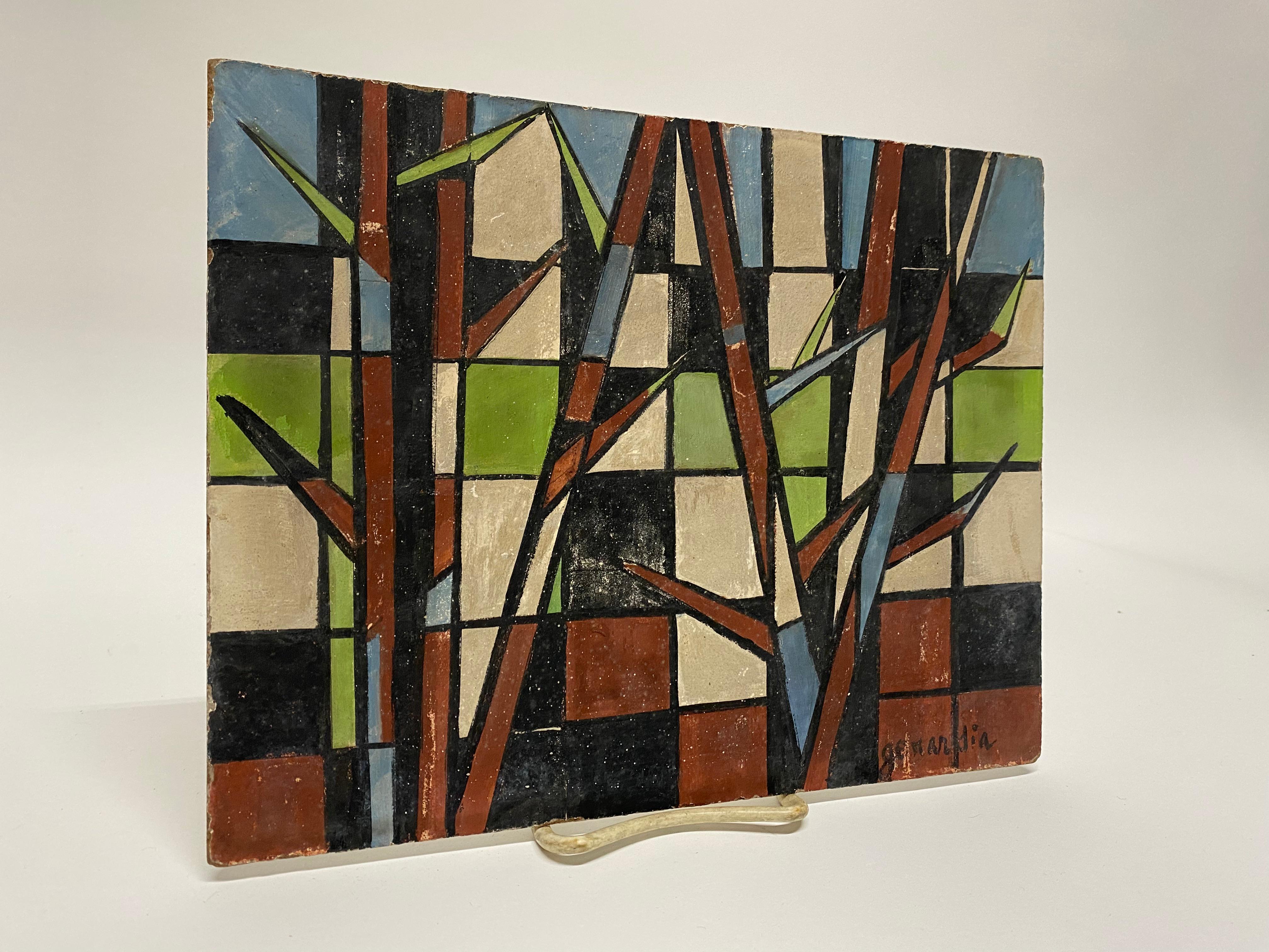 Geometric landscape by Helen Gerardia. Signed lower right, Gerardia. Circa 1950-60. Good overall condition with some surface paint scuffs and losses. Overall wear of surface colors.

Approximately 10