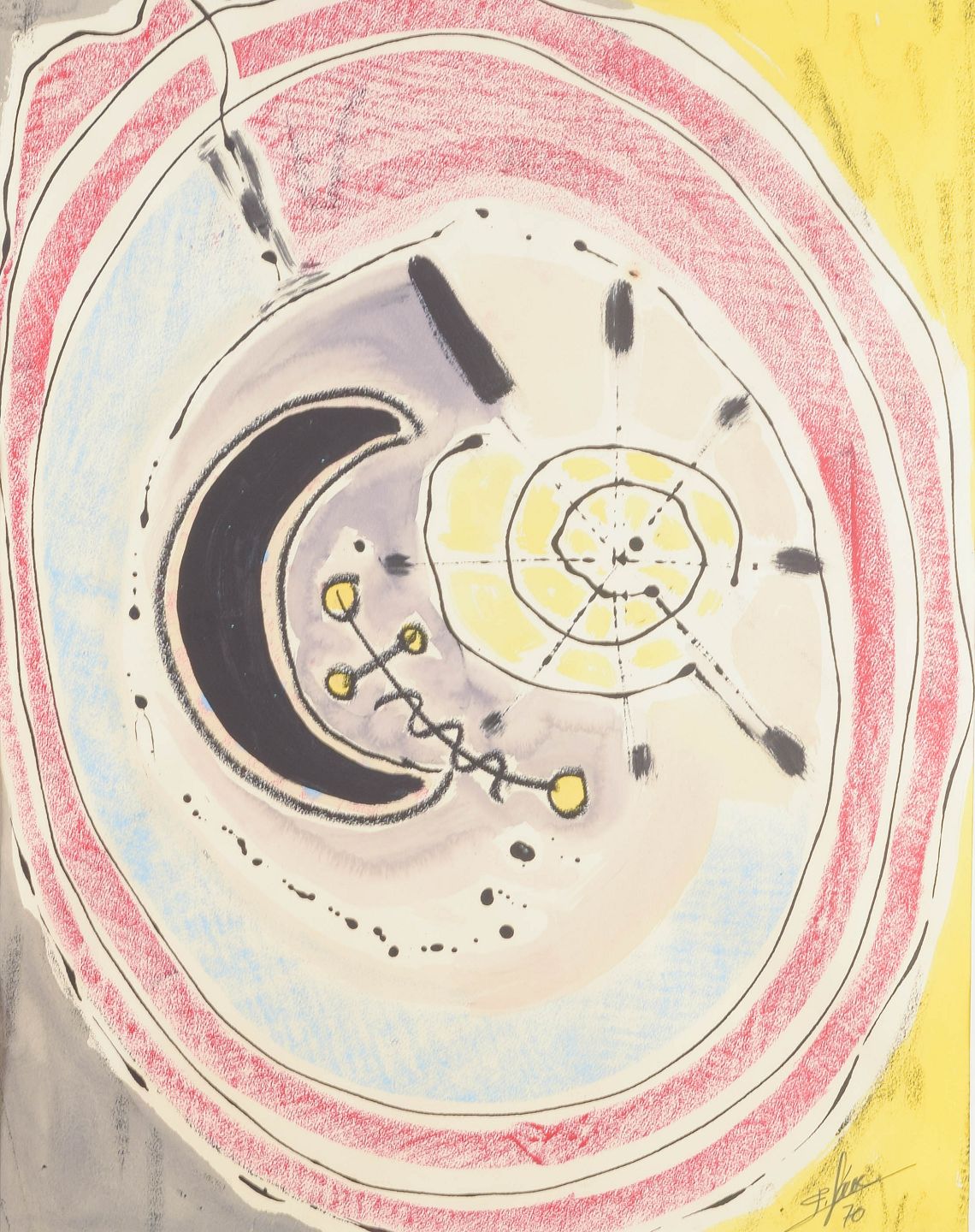 Composition abstraite avec des formes cosmiques. Aquarelle sur papier. Daté de 1970
