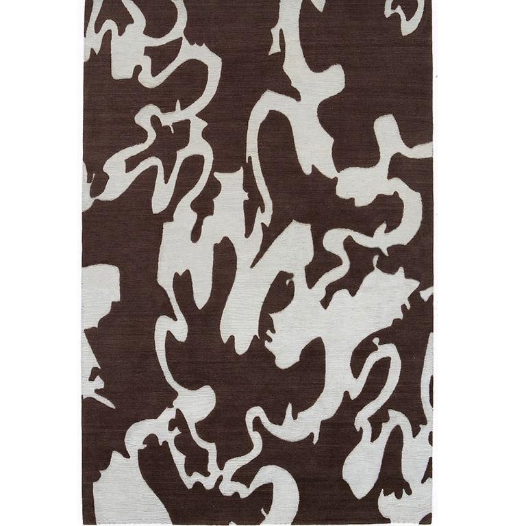 Nepalese Area Rug Brown & Mint Abstract Contemporary, Handmade of Silk and Wool, 