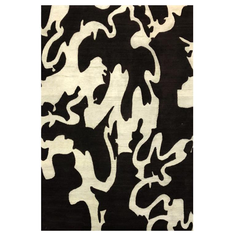 Area Rug Brown & Mint Abstract Contemporary, Handmade of Silk and Wool, "Wizard"