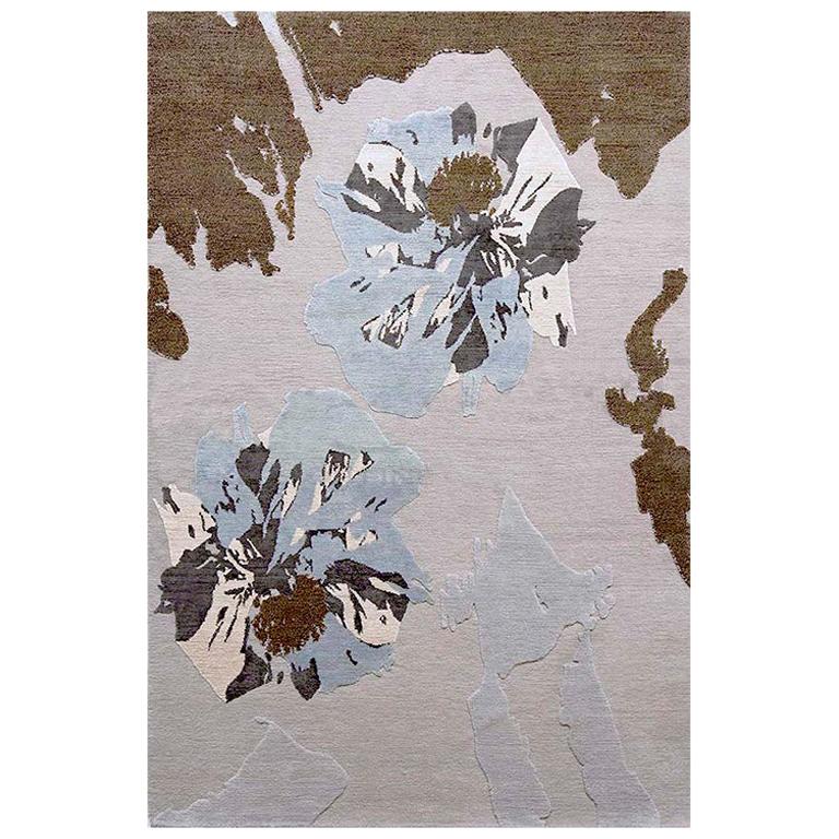 Abstrakter zeitgenössischer Teppich in Braun, handgefertigt aus Seide und Wolle, „Opium“