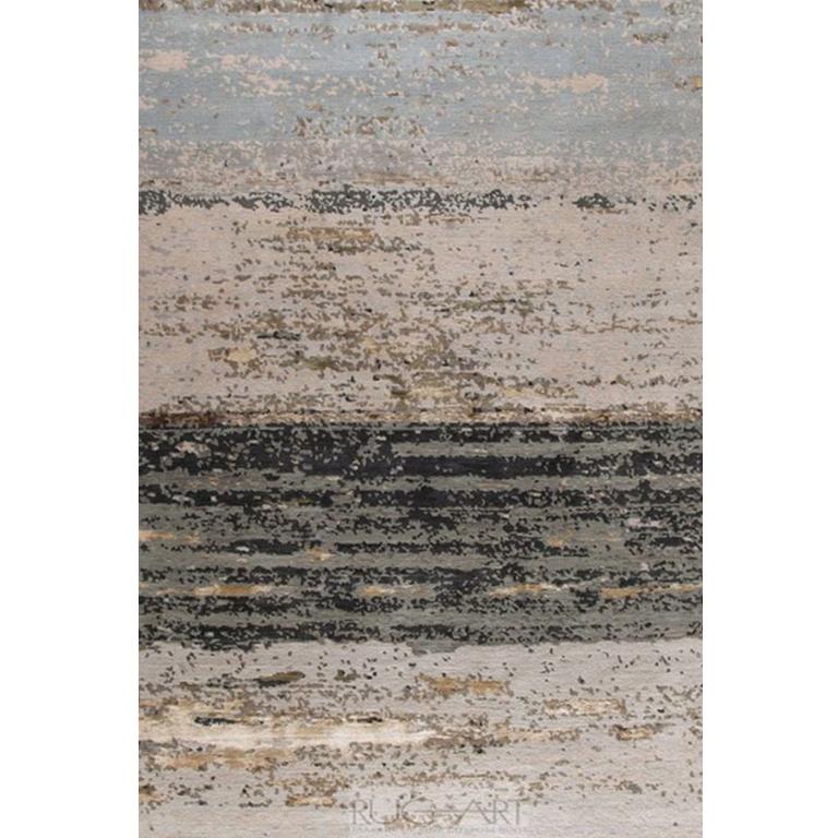 Nepalese Abstract Contemporary Area Rug in Ivory, Handmade of Silk Wool Pashmina, 