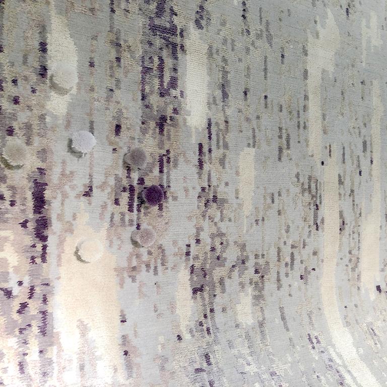Hand-Knotted Abstract Contemporary Area Rug in Purple Grey, Handmade of Silk and Wool 