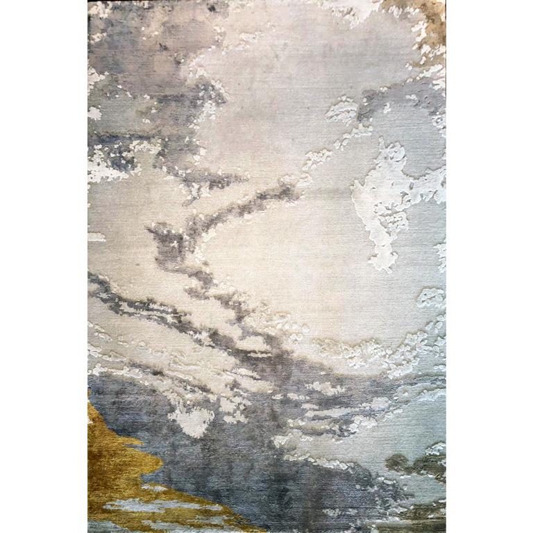 Nepalese Abstract Contemporary Area Rug Taupe and Gold, Handmade of Wool Silk, 