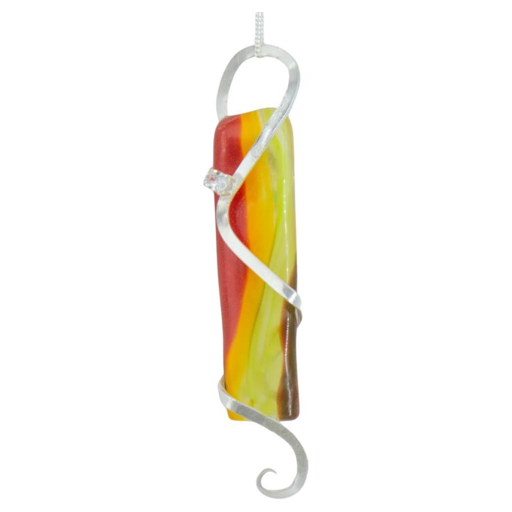 Abstract Contemporary Art Nouveau Silver Tri-Coloured Glass & Gemstone Pendant