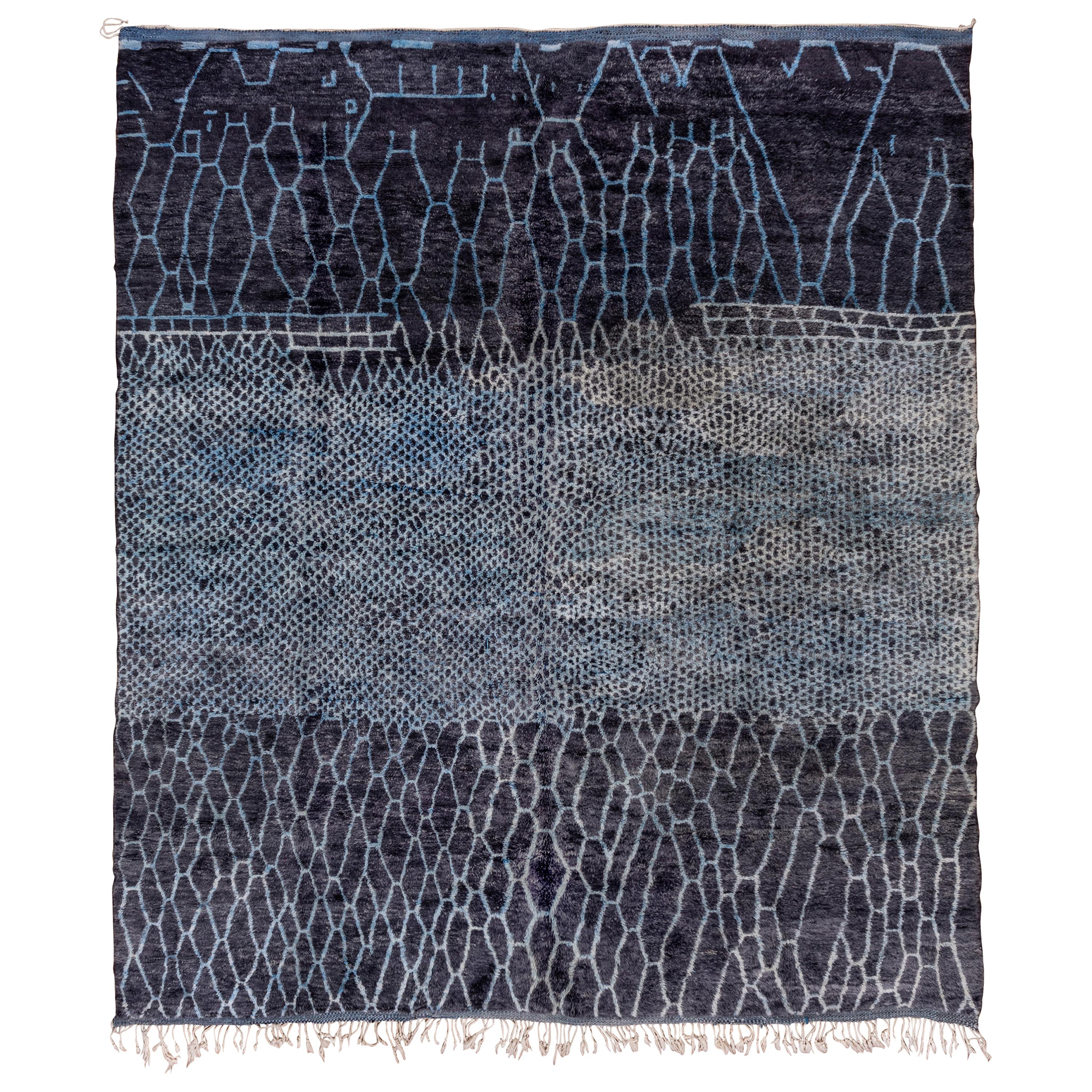 Abstract and Contemporary Dark Navy and Light Blue Moroccan Rug For