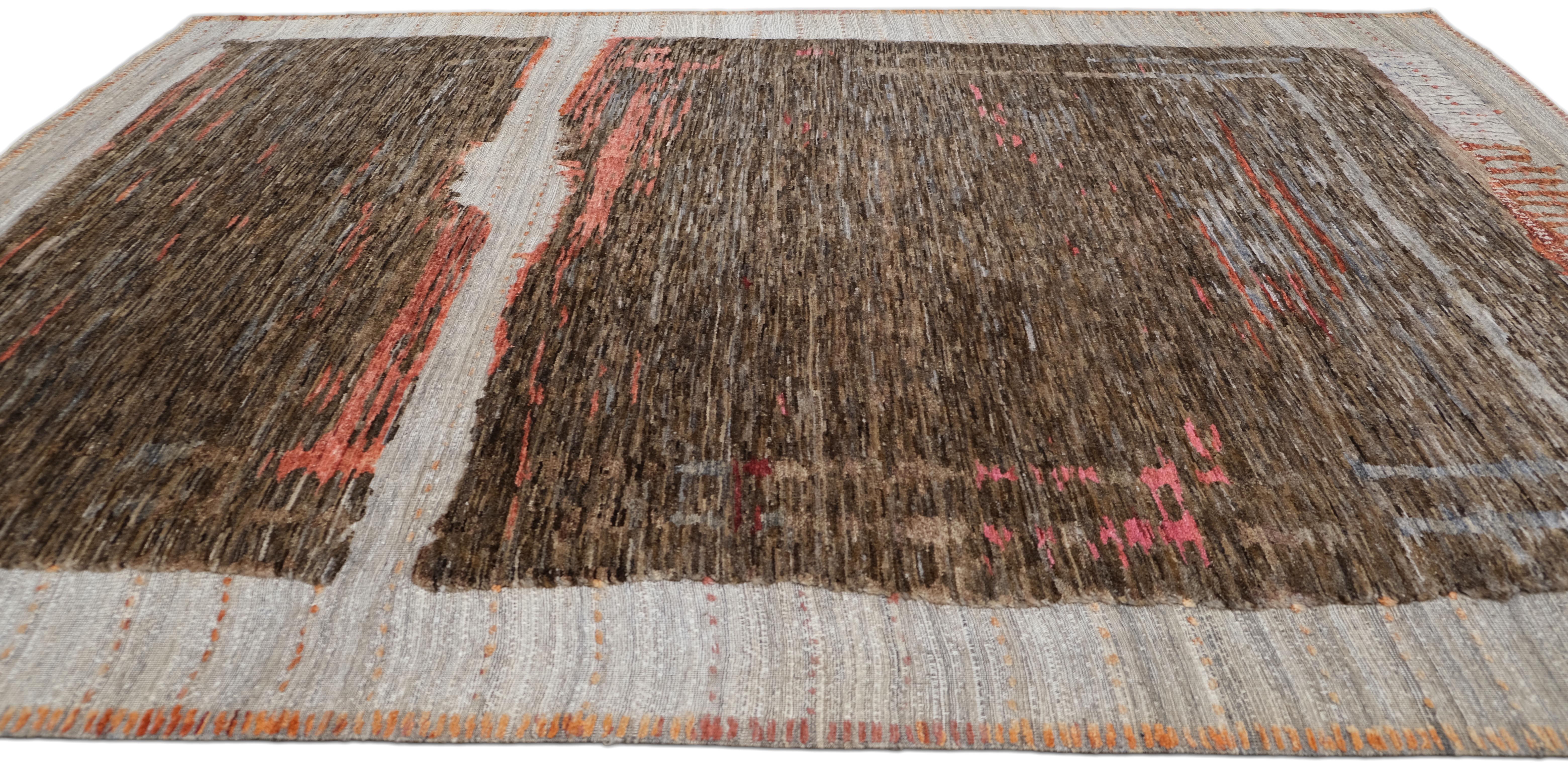 Alfombra abstracta contemporánea Deco de lana marrón y marfil 9'4''x12'7'' Moderno de mediados de siglo en venta