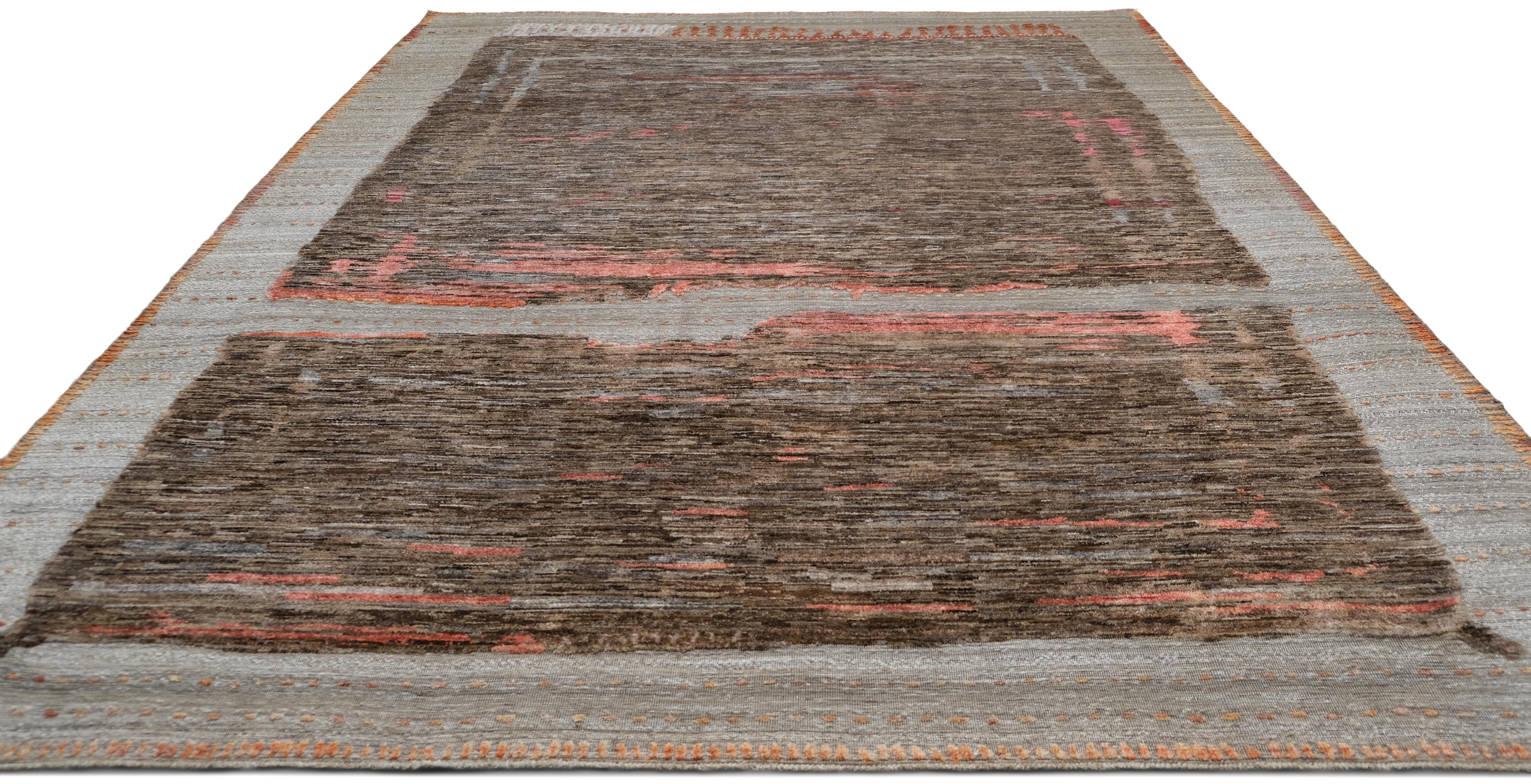 Alfombra abstracta contemporánea Deco de lana marrón y marfil 9'4''x12'7'' Anudado a mano en venta