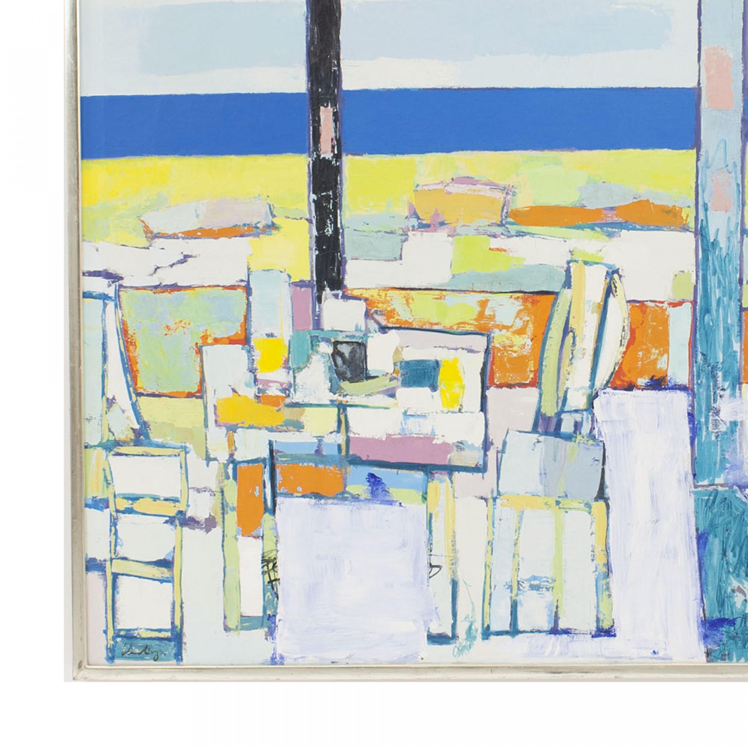 Contemporary abstract painting featuring multi-colored geometric shapes in a wooden frame (by DYANN KLEIN)

Condition: Good; Wear consistent with age and use