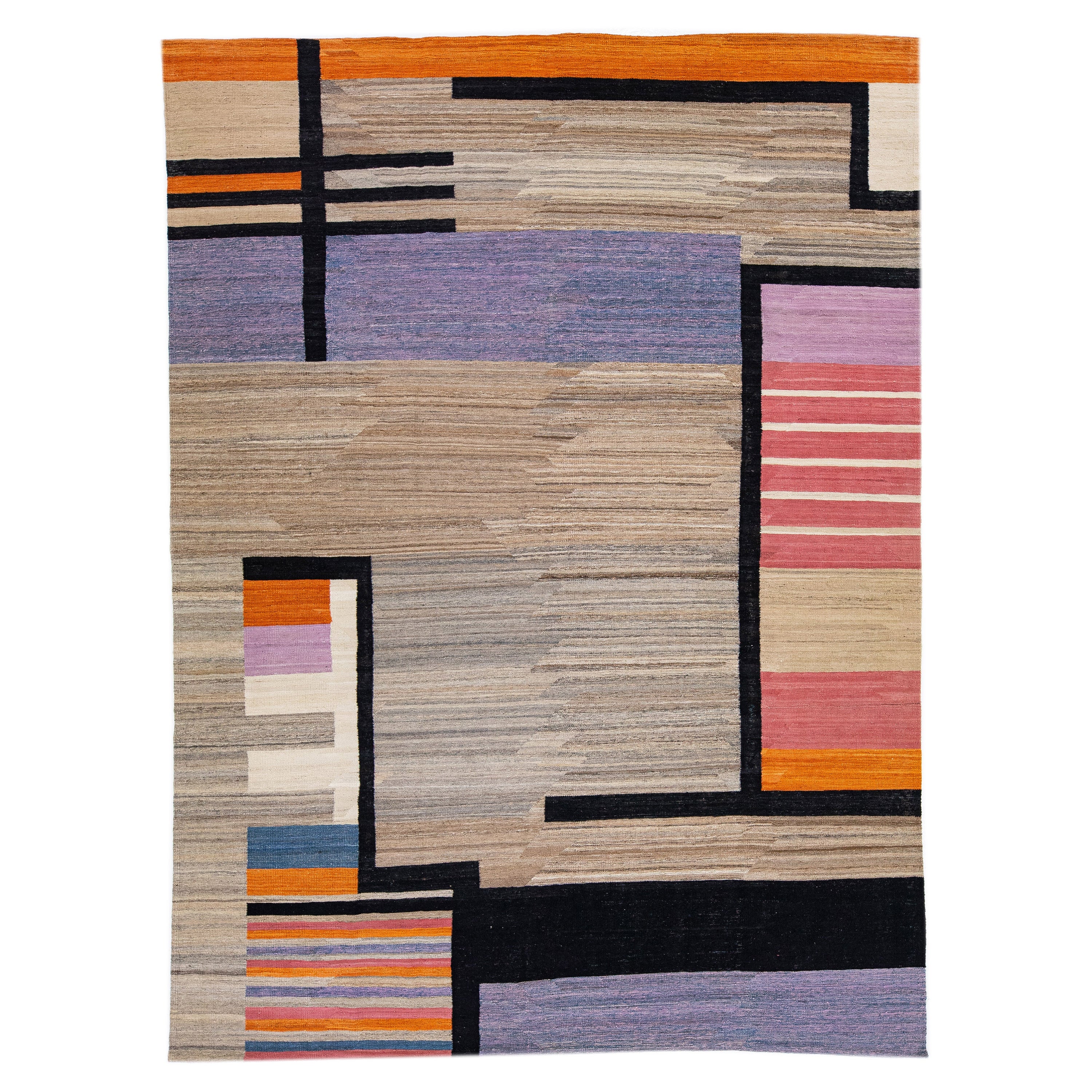 Tappeto contemporaneo astratto in lana Kilim con campo multicolore