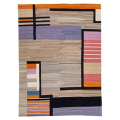 Tappeto contemporaneo astratto in lana Kilim con campo multicolore