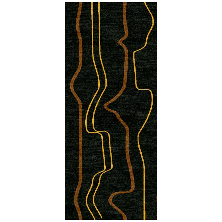 Abstract Runner Rug in Brown Gold Contemporary, Handmade of Silk Wool, "Boogie" For Sale