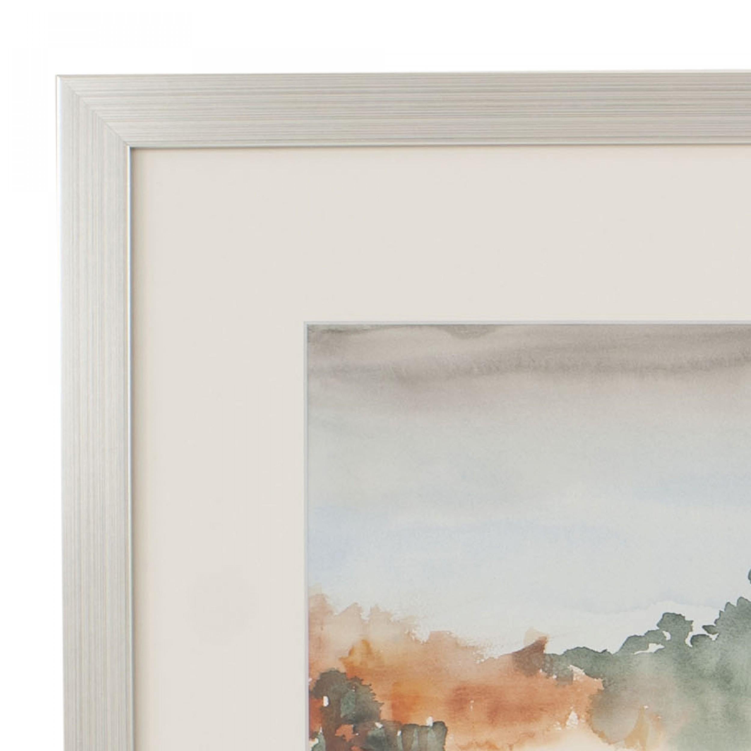 Acquerello astratto contemporaneo nei toni del blu, dell'arancione e del grigio, in una cornice rettangolare d'argento con vetro (di DYANN Klein).