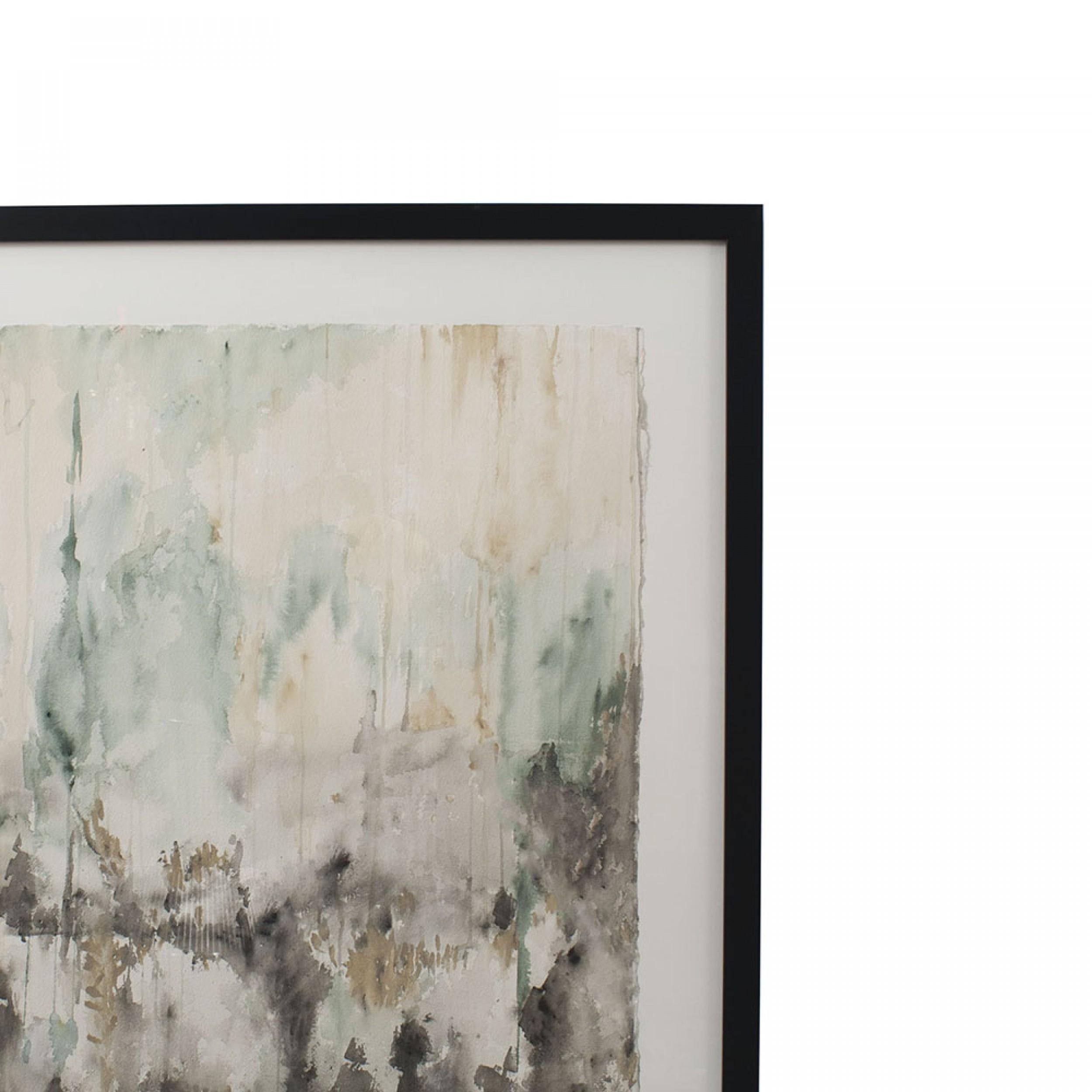 Acuarela abstracta contemporánea en gris, beige y verde con paspartú blanco y marco rectangular negro (firmada: DYANN KLEIN)

Estado: Bueno; Desgaste acorde con la edad y el uso