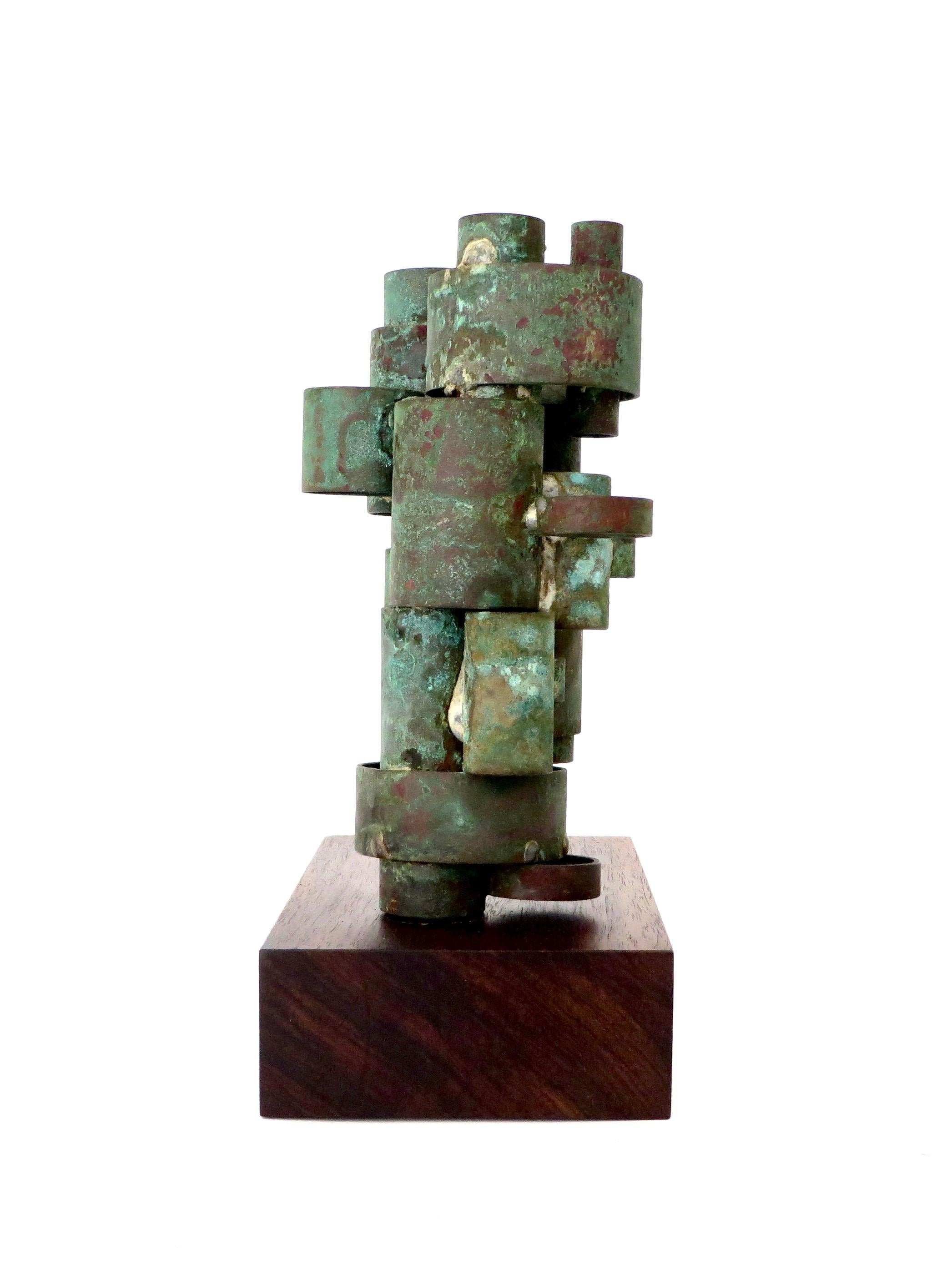 Mid-Century Modern Abstract Copper Tubular Column Sculpture Set on a Walnut Base with Patina