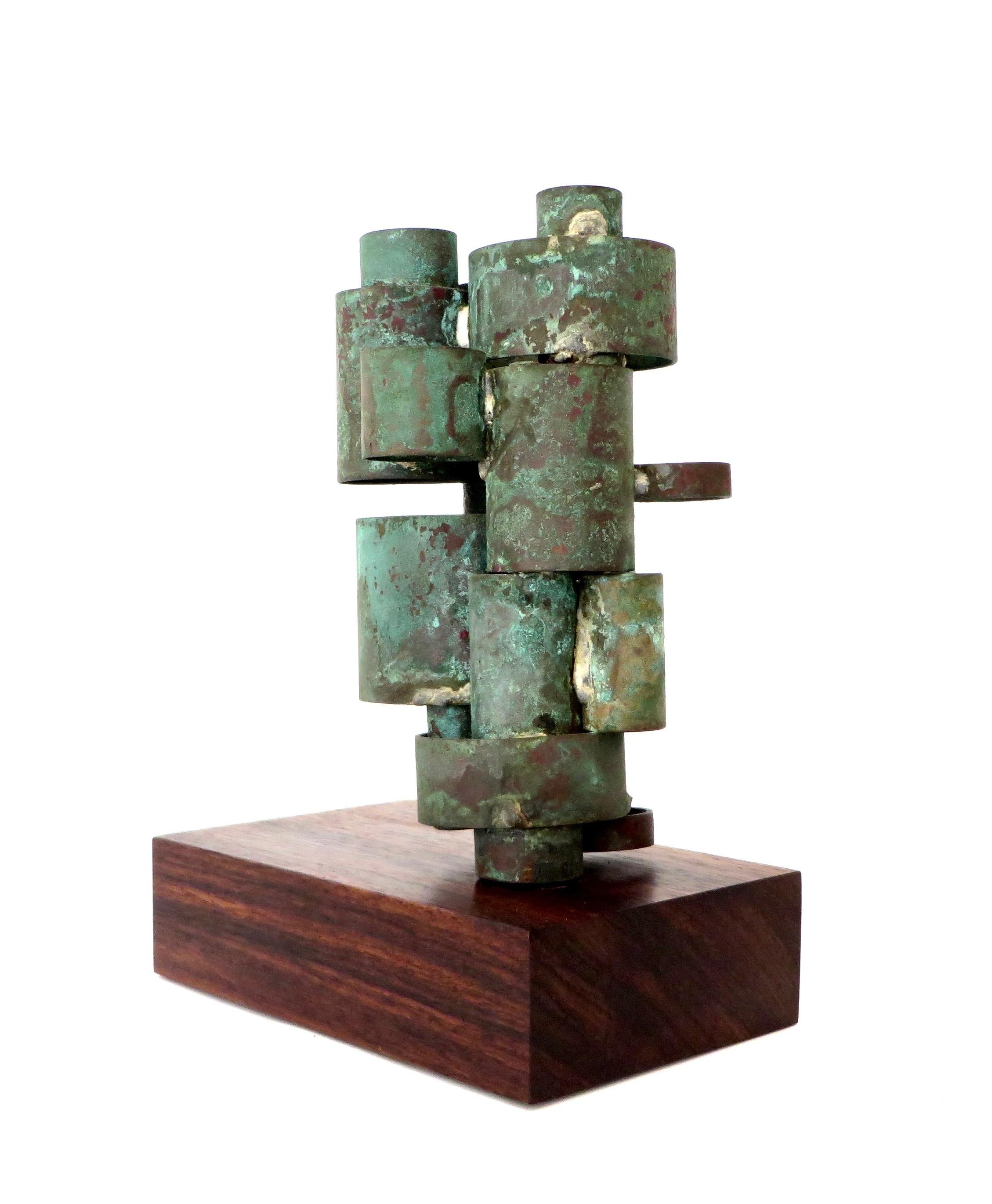 American Abstract Copper Tubular Column Sculpture Set on a Walnut Base with Patina