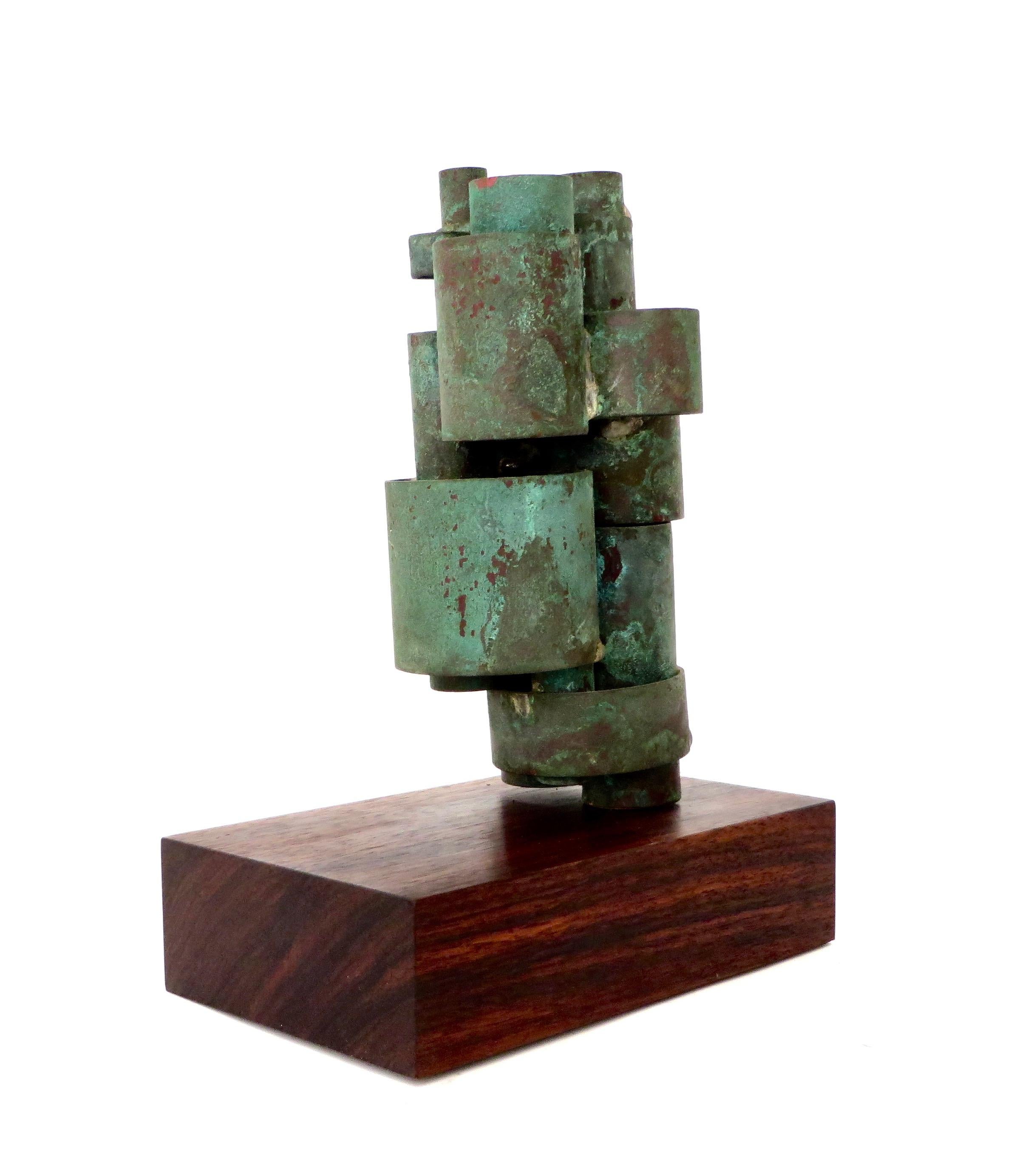 Abstract Copper Tubular Column Sculpture Set on a Walnut Base with Patina In Good Condition In Chicago, IL
