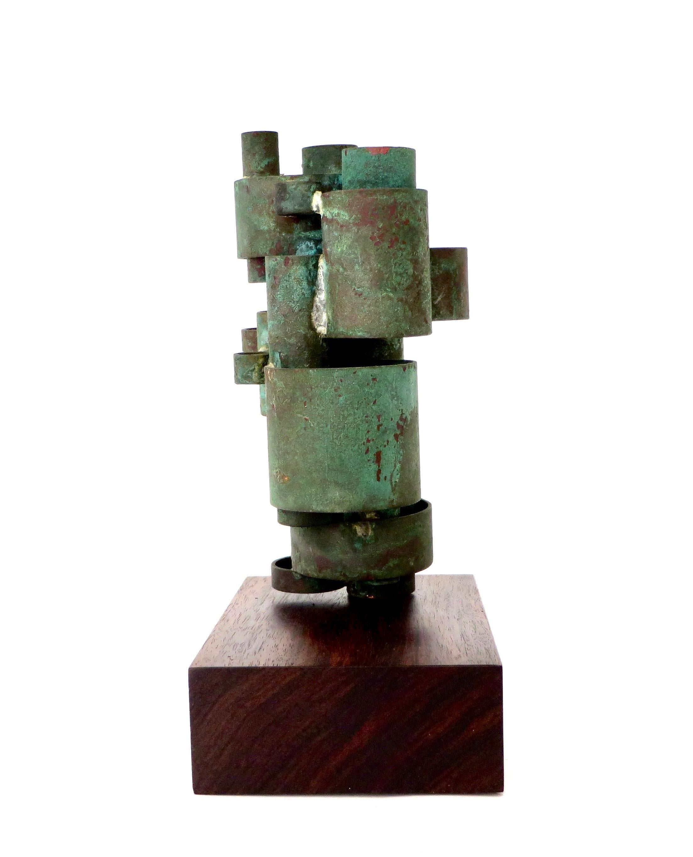 Mid-20th Century Abstract Copper Tubular Column Sculpture Set on a Walnut Base with Patina